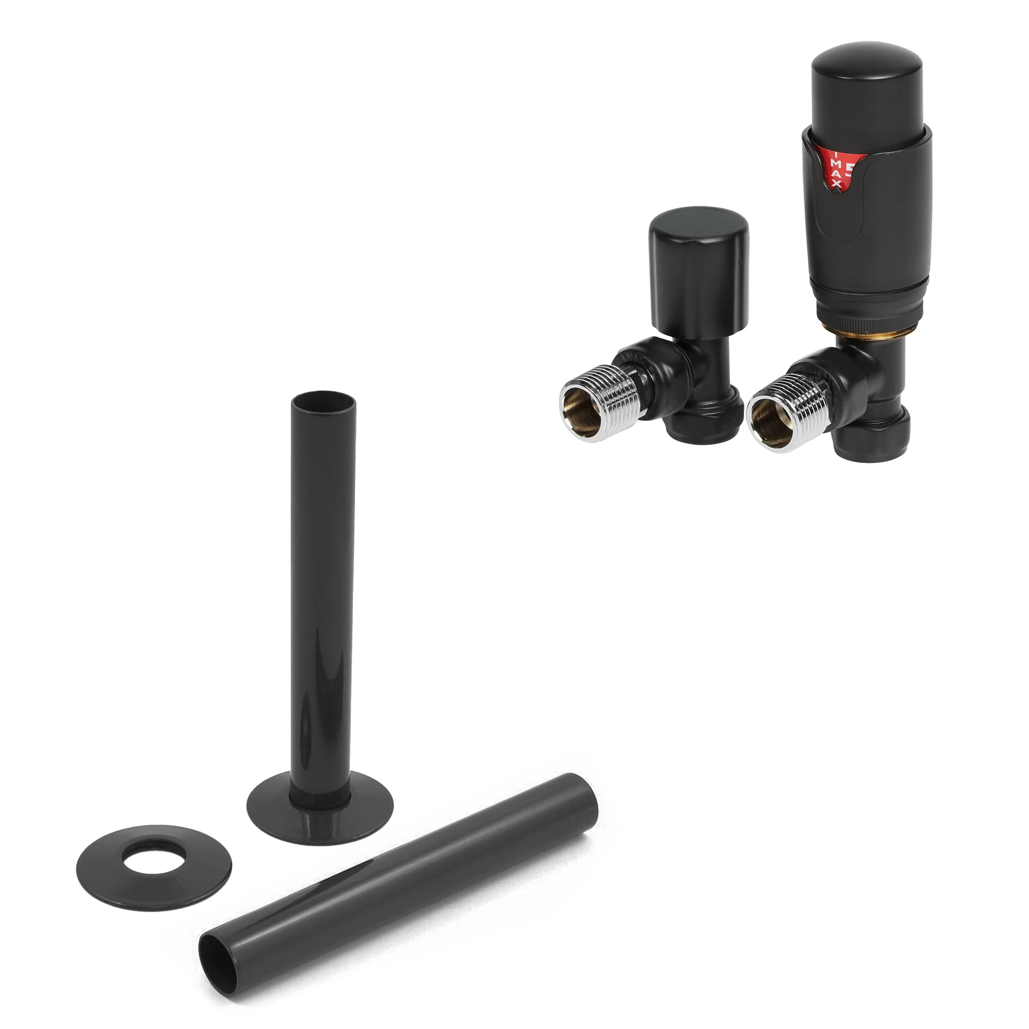 Black Thermostatic Radiator Round Valves with 130mm Pipe Sleeves - Angled