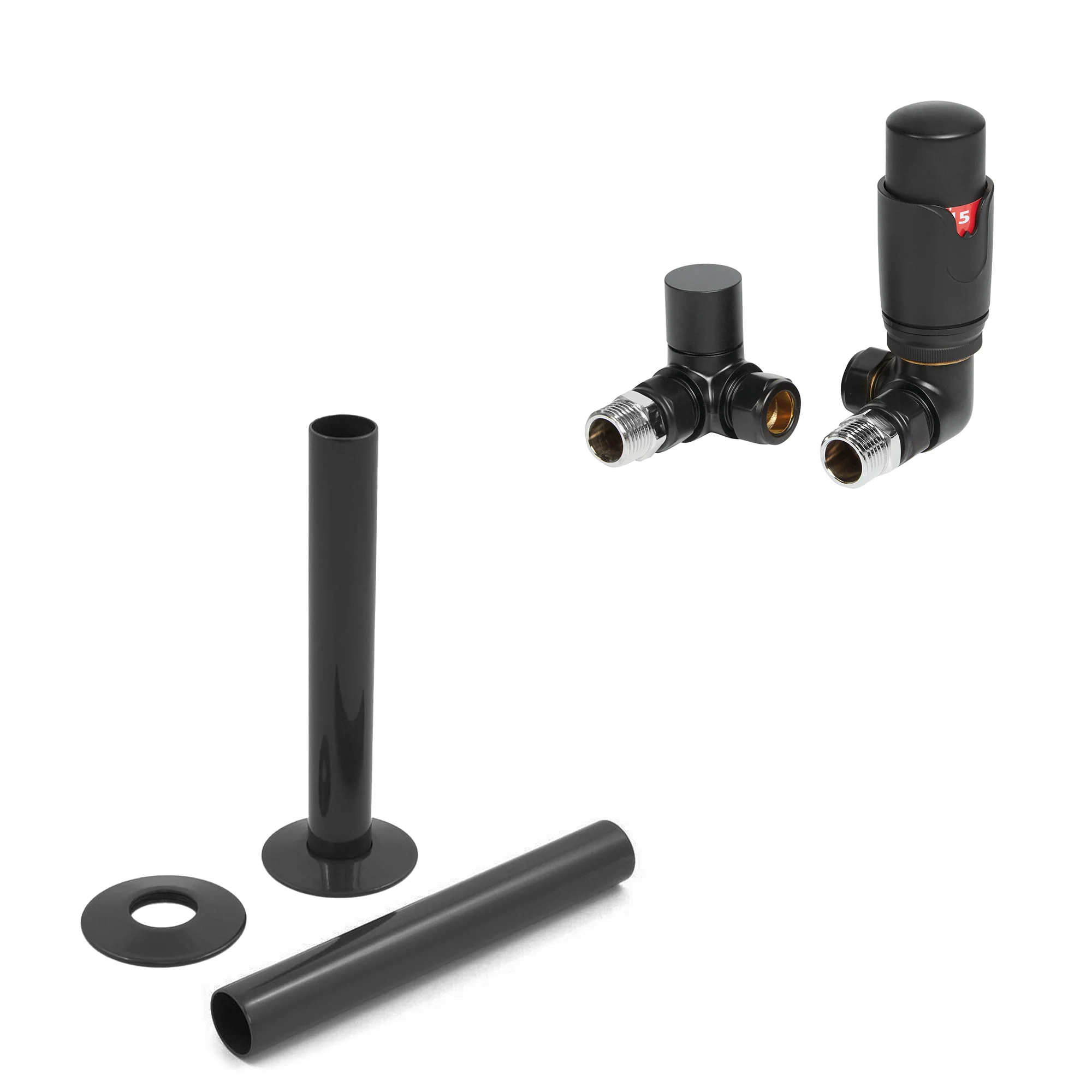 Black Thermostatic Radiator Round Valves with 130mm Pipe Sleeves - Corner