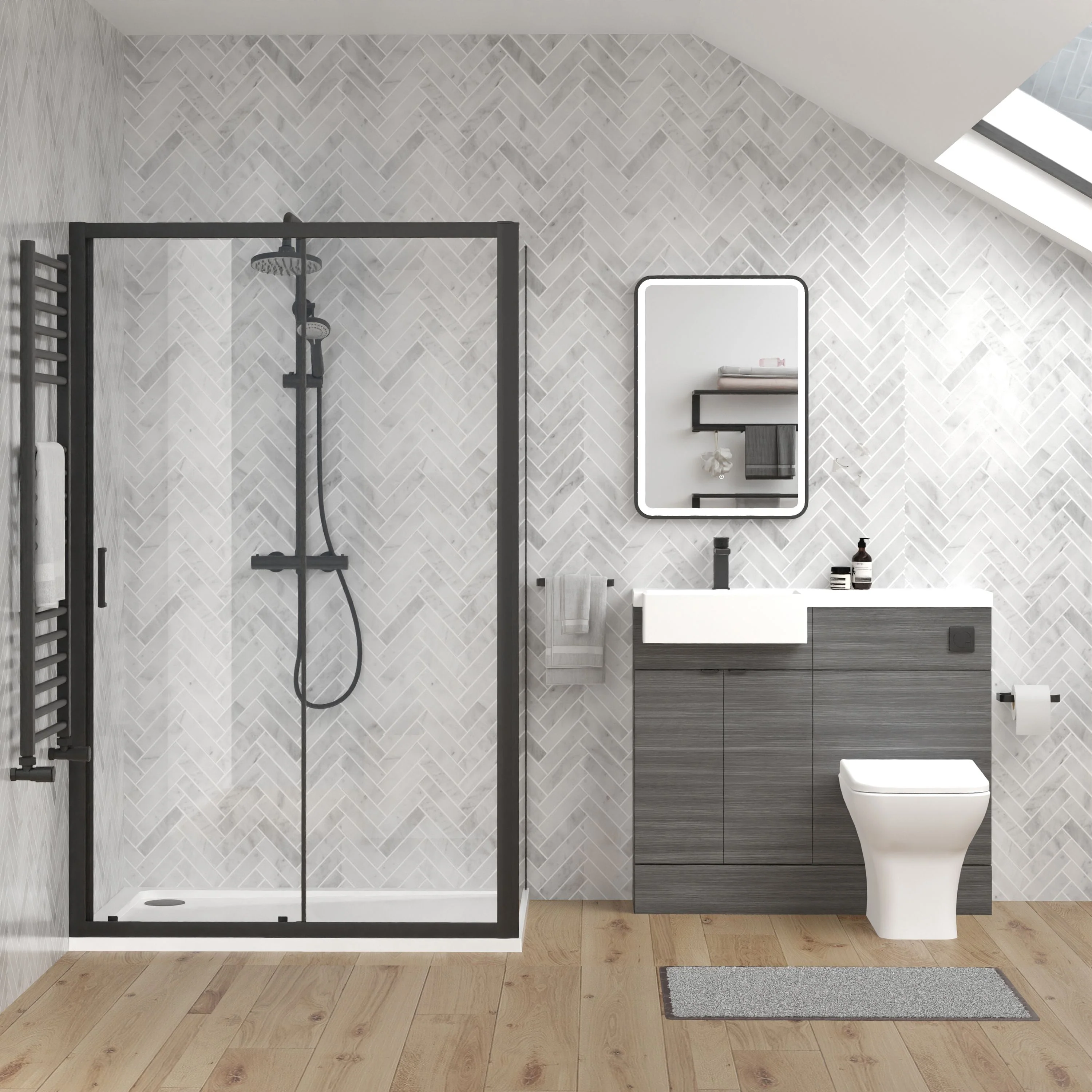 Bradwell 1000mm Anthracite Woodgrain Vanity WC Unit & Black Rectangle Shower Enclosure Bathroom Suite