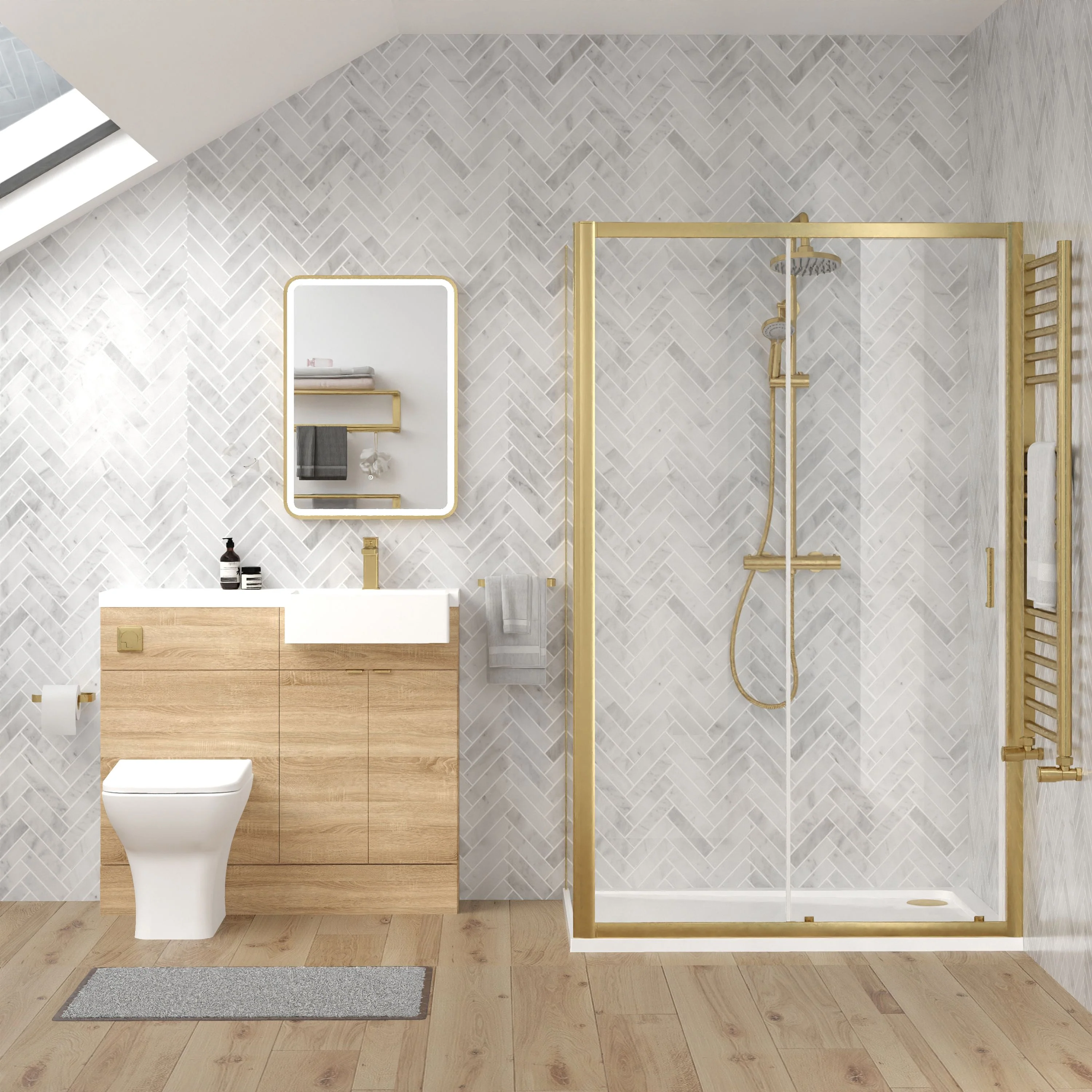 Bradwell 1000mm Bleached Oak Vanity WC Unit & Brushed Brass Rectangle Shower Enclosure Bathroom Suite - Image 2