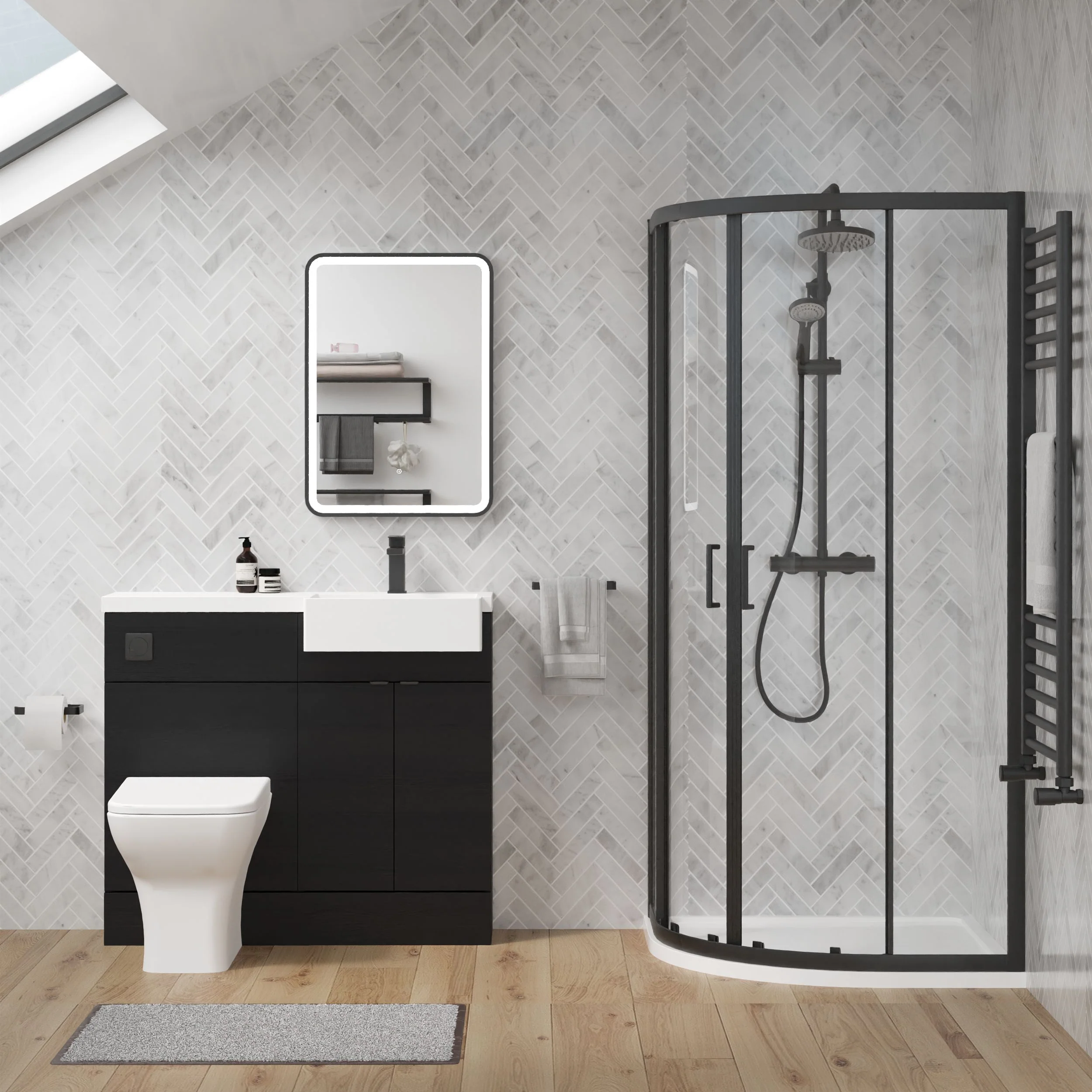Bradwell 1100mm Charcoal Black Vanity WC Unit & Black Quadrant Shower Enclosure Bathroom Suite - Image 2
