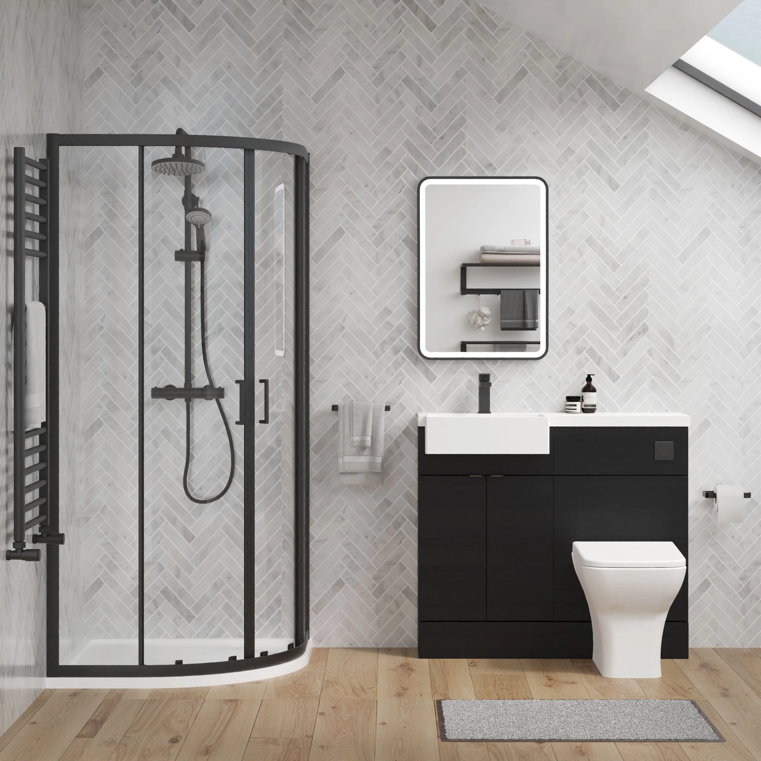 Bradwell 1100mm Charcoal Black Vanity WC Unit & Black Quadrant Shower Enclosure Bathroom Suite