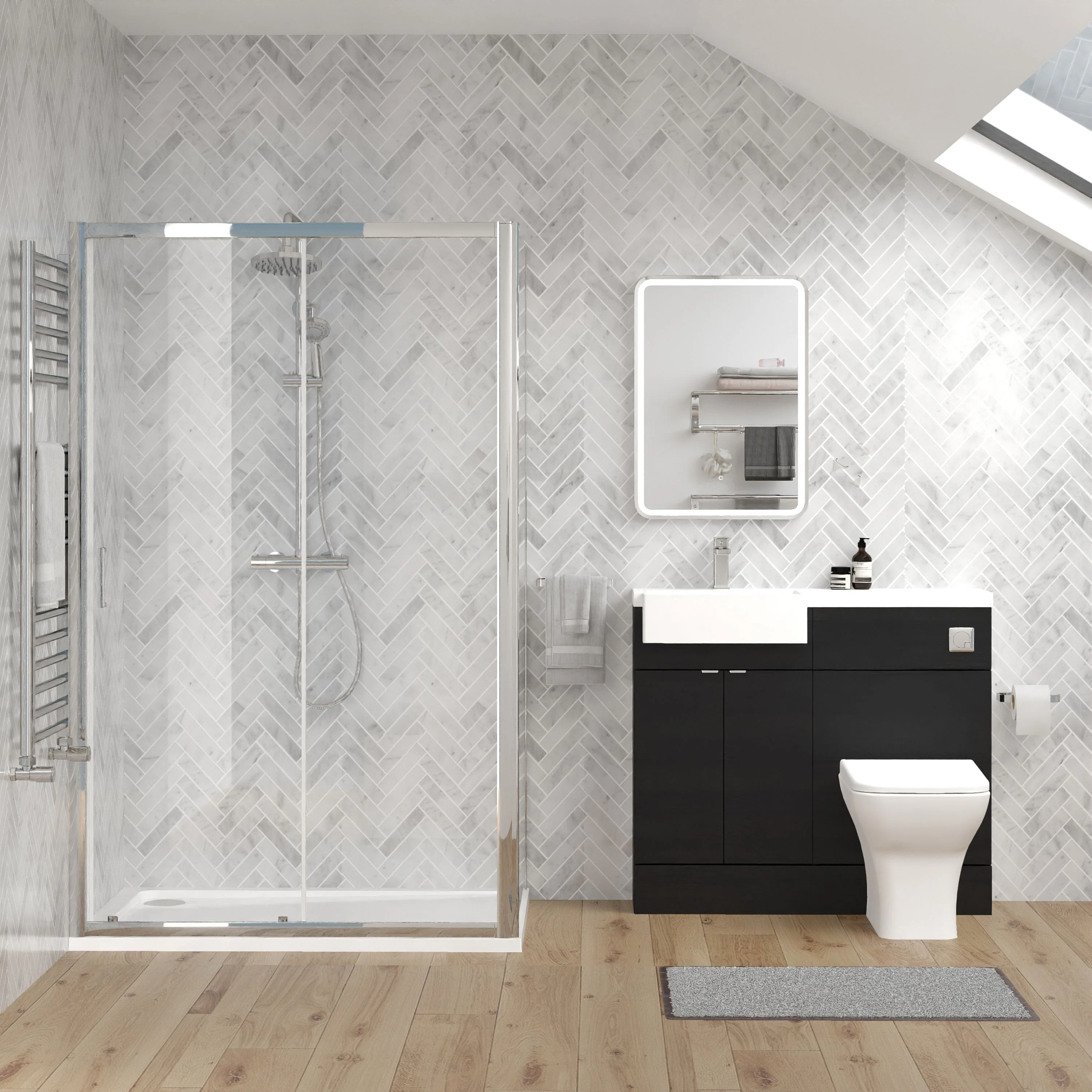 Bradwell 1000mm Charcoal Black Vanity WC Unit & Chrome Rectangle Shower Enclosure Bathroom Suite