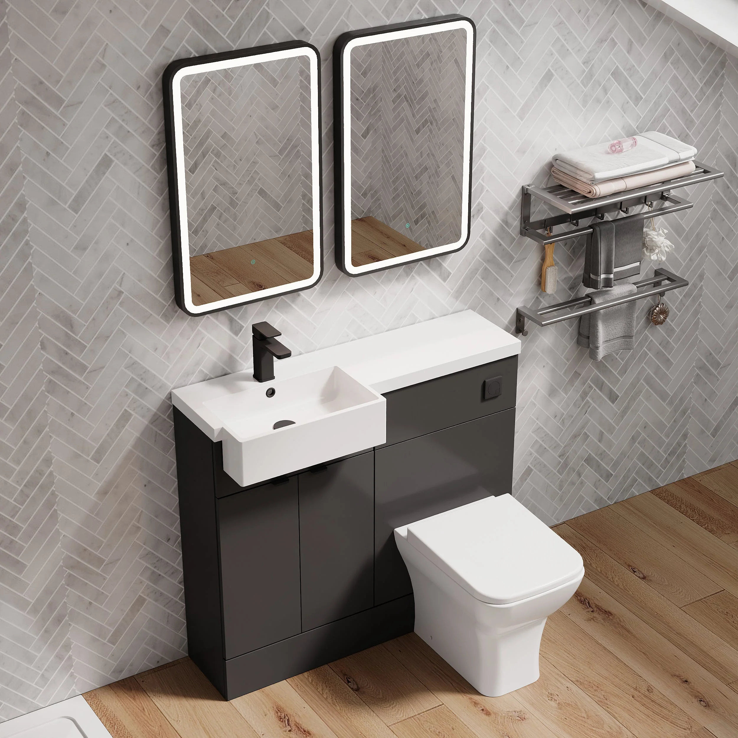 Bradwell 1100mm Combination Unit Gloss Grey & Semi Recessed Square Basin - Image 2