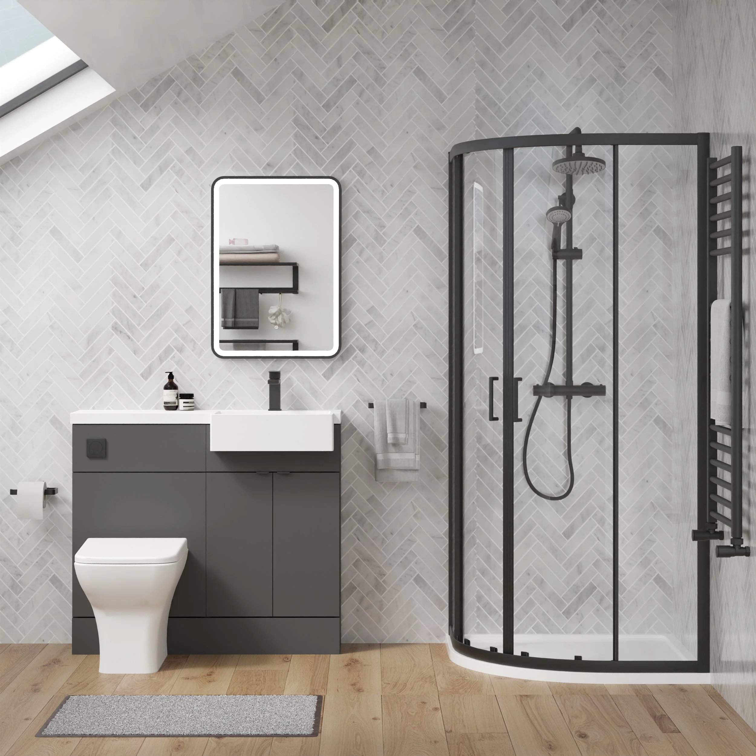 Bradwell 1000mm Gloss Grey Vanity WC Unit & Black Quadrant Shower Enclosure Bathroom Suite - Image 2