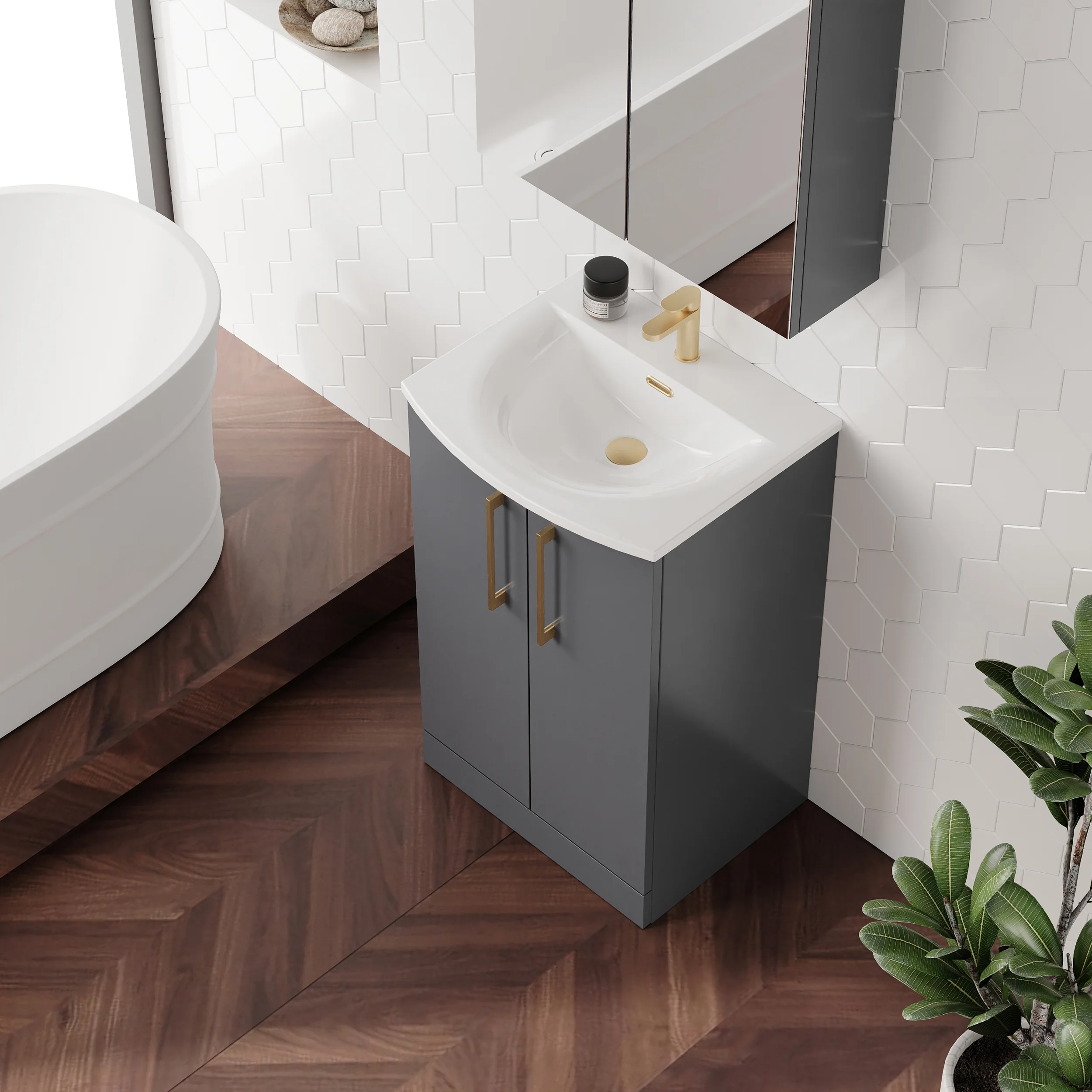 Braydon 500mm Floor Standing 2-Door Vanity & Curved Basin - Satin Grey - Image 3