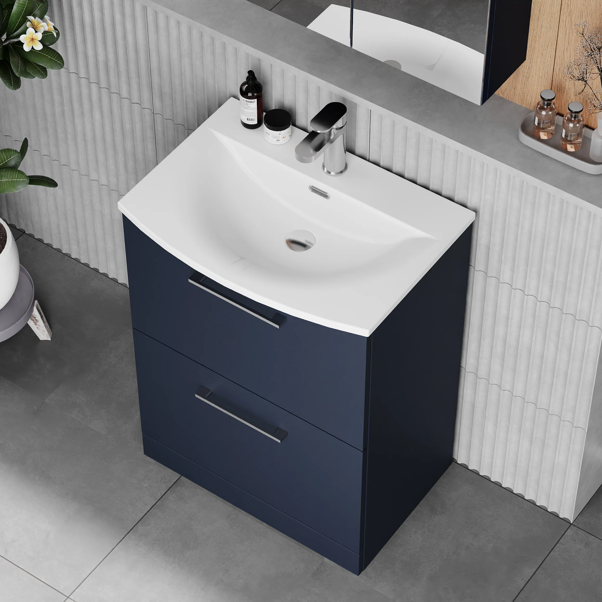 Braydon 600mm Floor Standing 2-Drawer Vanity & Curved Basin - Midnight Blue - Image 2