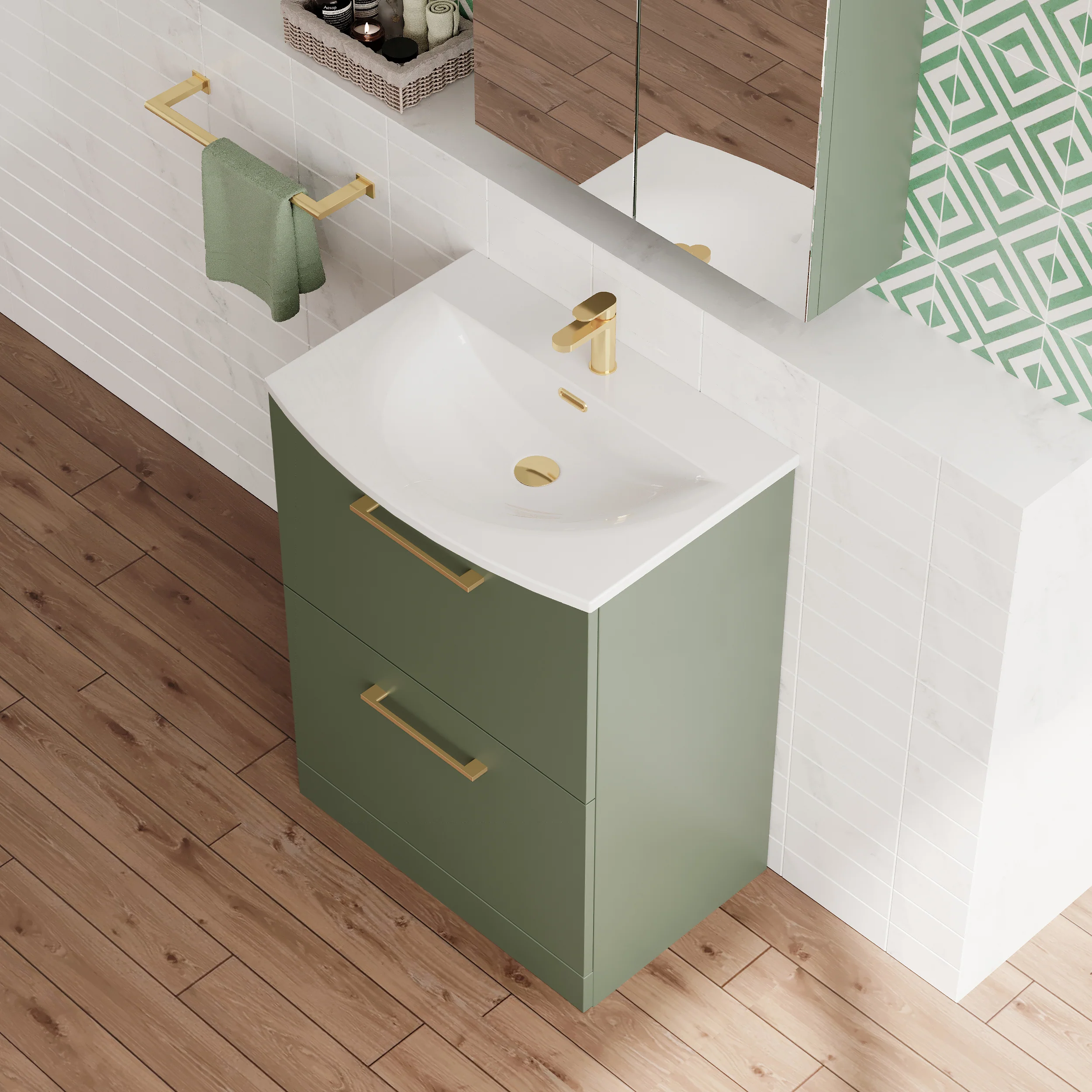 Braydon 600mm Floor Standing 2-Drawer Vanity & Curved Basin - Satin Green
