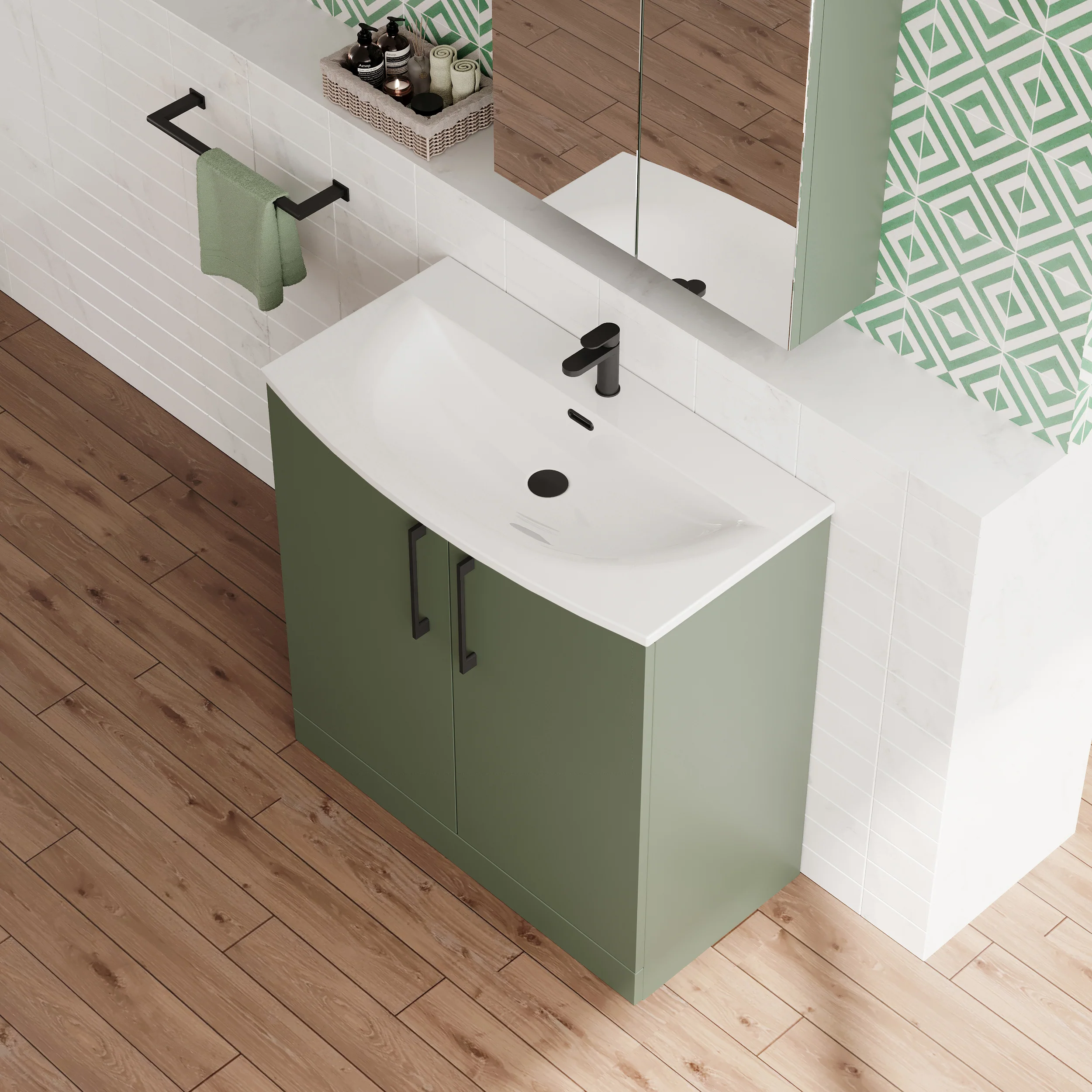 Braydon 800mm Floor Standing 2-Door Vanity & Curved Basin - Satin Green