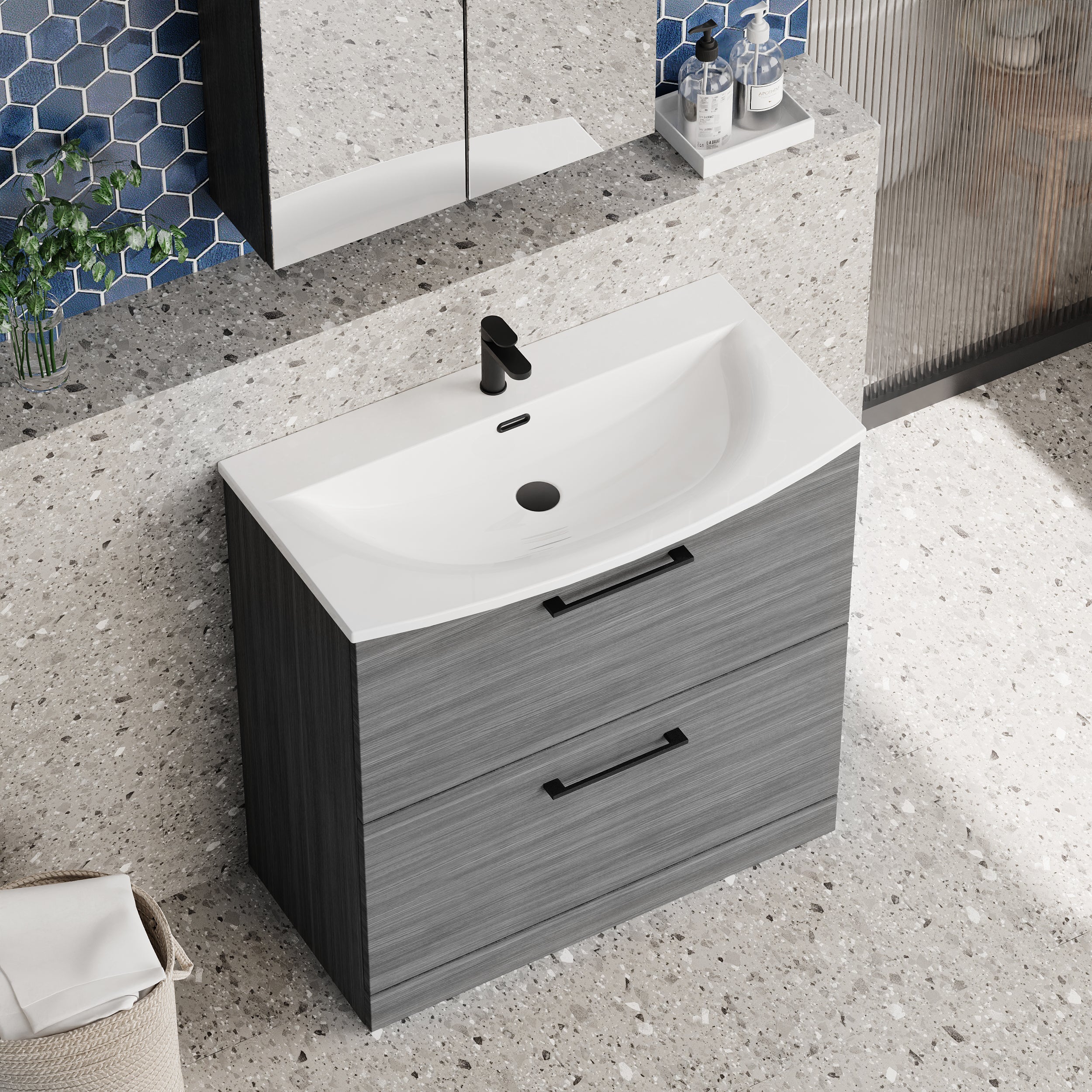 Braydon 800mm Floor Standing 2-Drawer Vanity & Curved Basin - Anthracite Woodgrain - Image 2