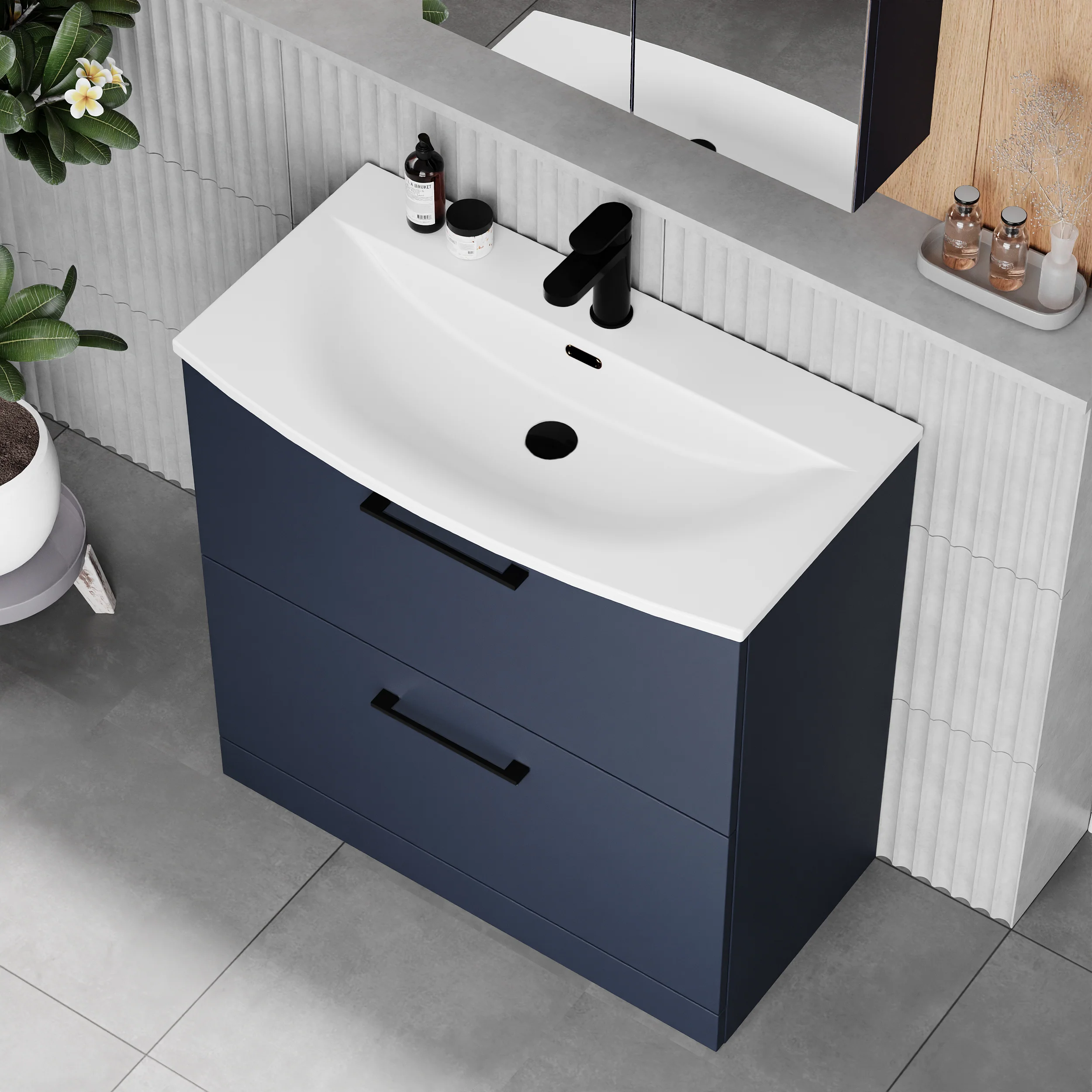 Braydon 800mm Floor Standing 2-Drawer Vanity & Curved Basin - Midnight Blue - Image 2