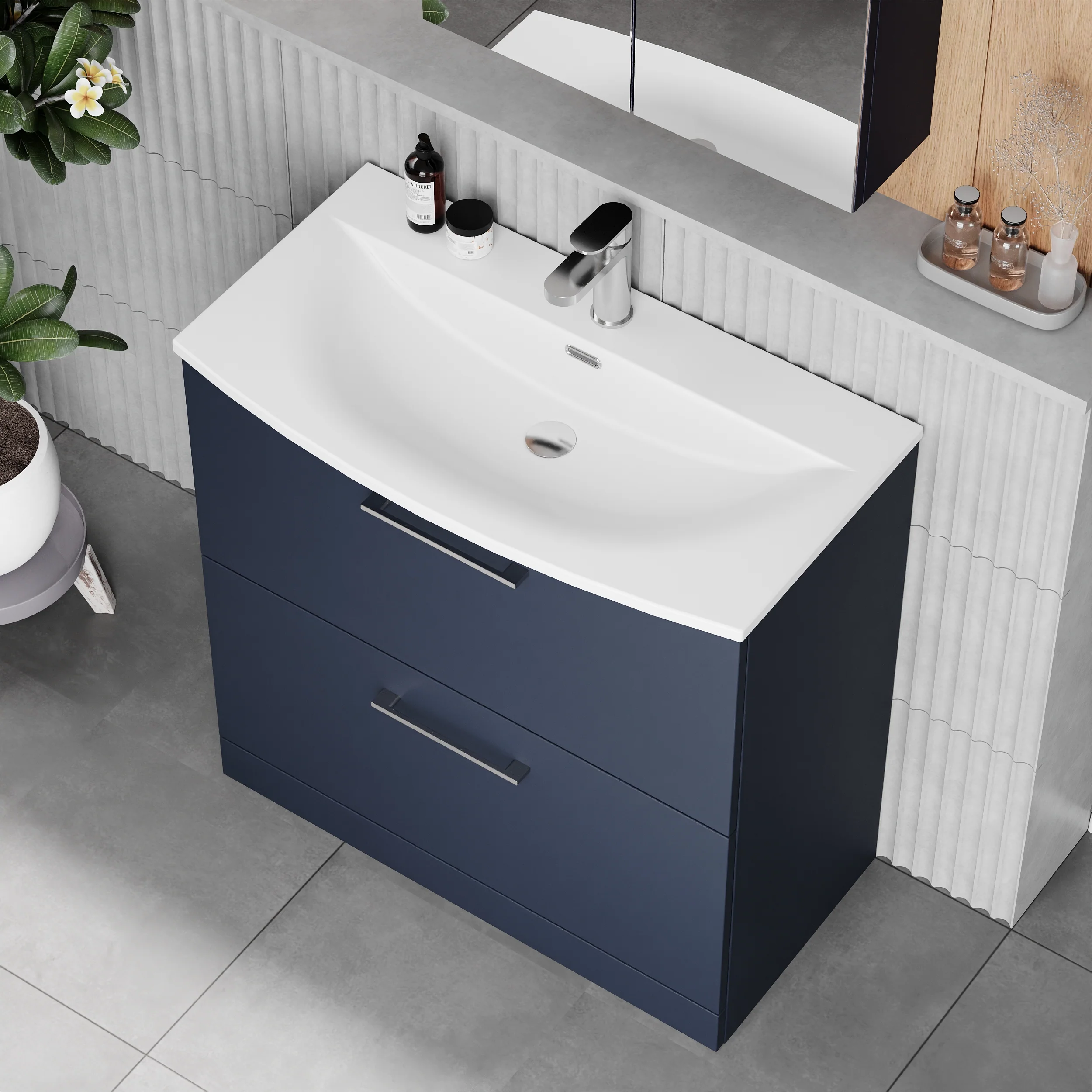 Braydon 800mm Floor Standing 2-Drawer Vanity & Curved Basin - Midnight Blue - Image 3