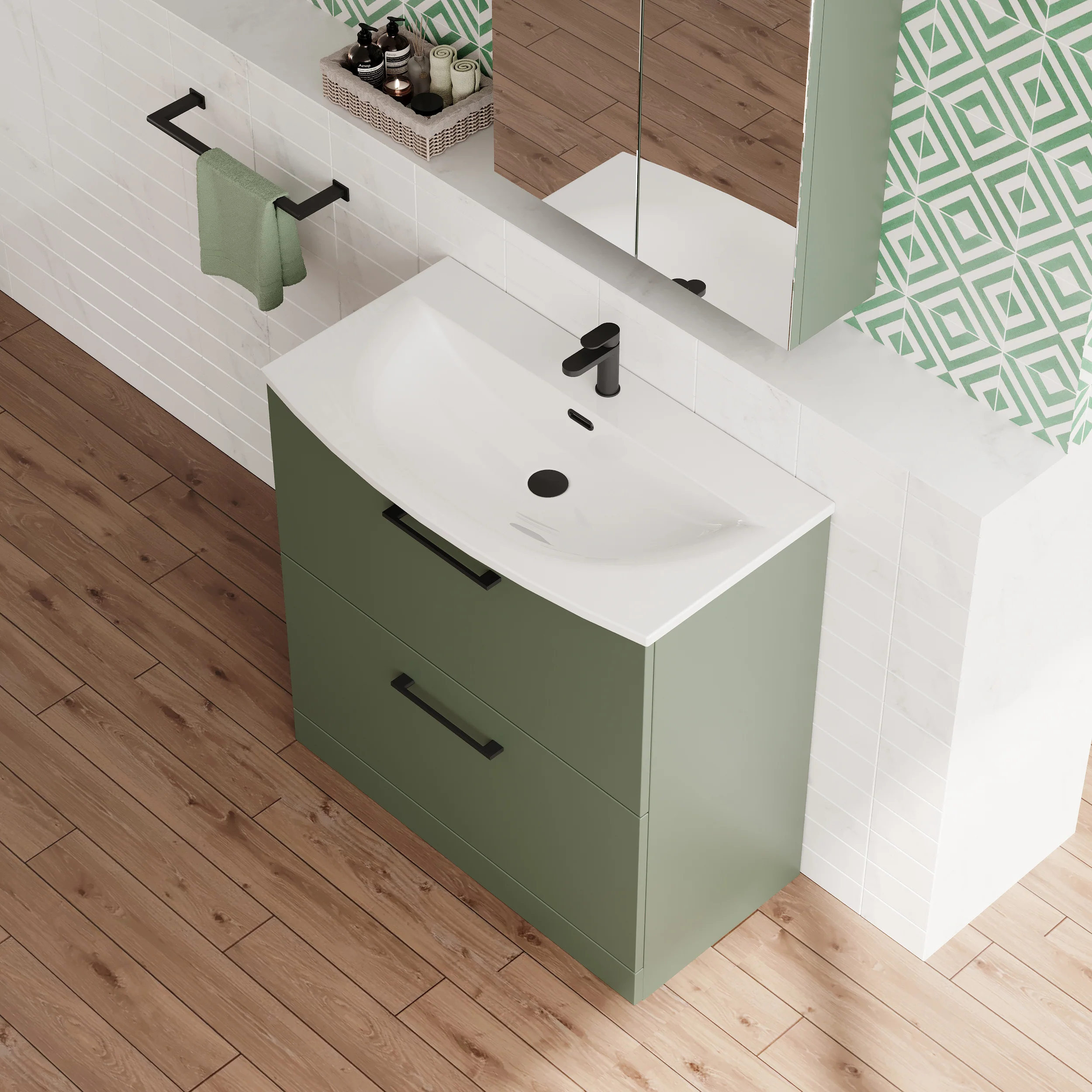 Braydon 800mm Floor Standing 2-Drawer Vanity & Curved Basin - Satin Green