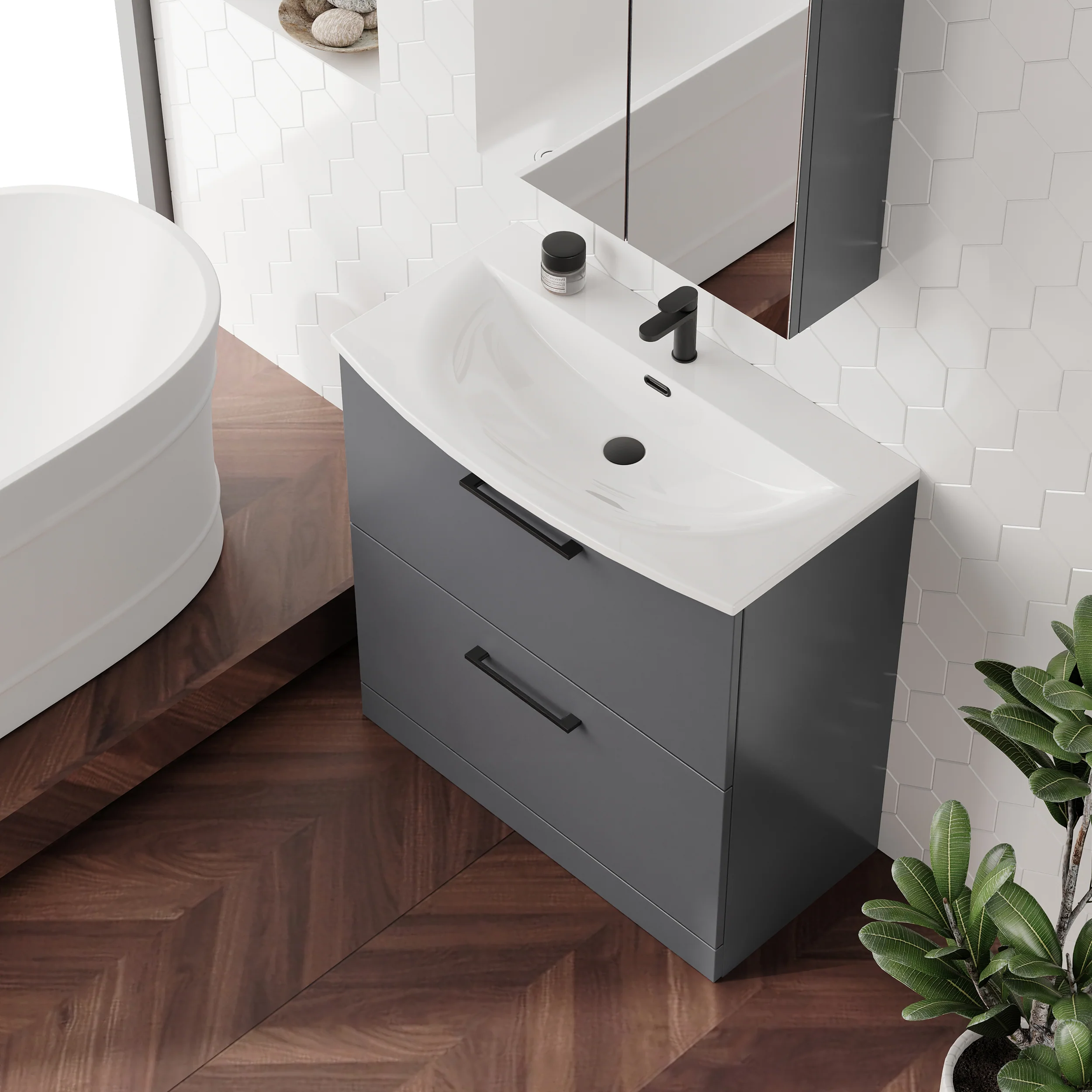 Braydon 800mm Floor Standing 2-Drawer Vanity & Curved Basin - Satin Grey - Image 2