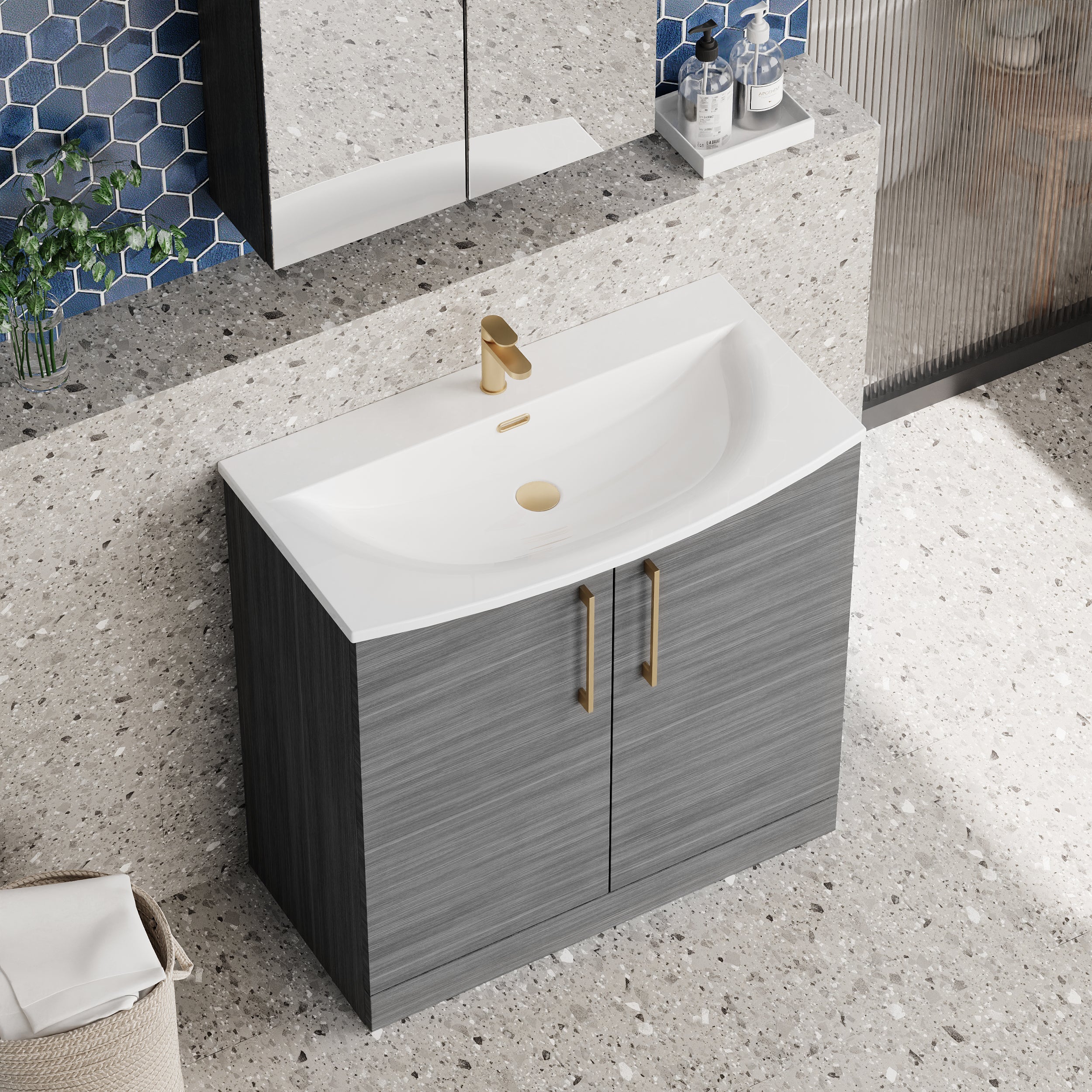 Braydon 800mm Floor Standing 2-Door Vanity & Curved Basin - Anthracite Woodgrain - Image 3