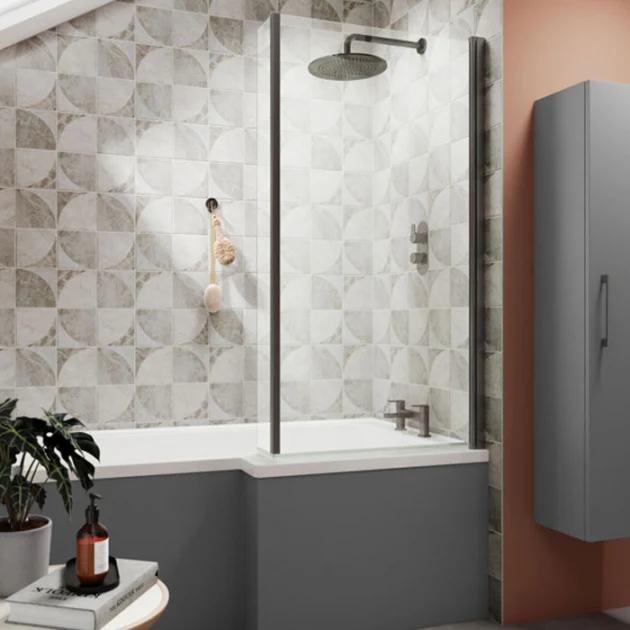 Nuie Pacific L-Shaped Fixed Bath Screen 1400 x 815mm - Brushed Pewter