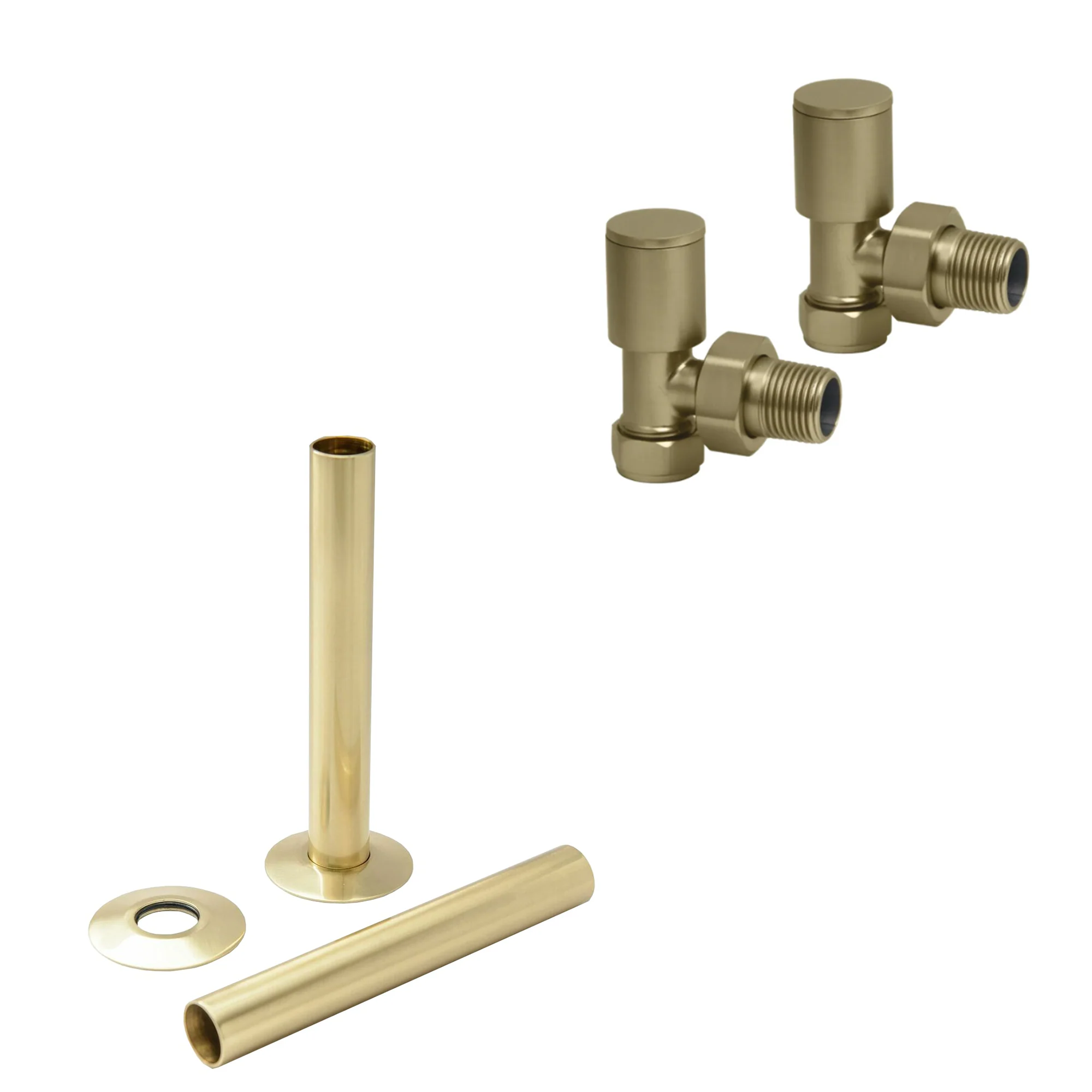 Brushed Brass Manual Radiator Round Valves with 130mm Pipe Sleeves - Angled
