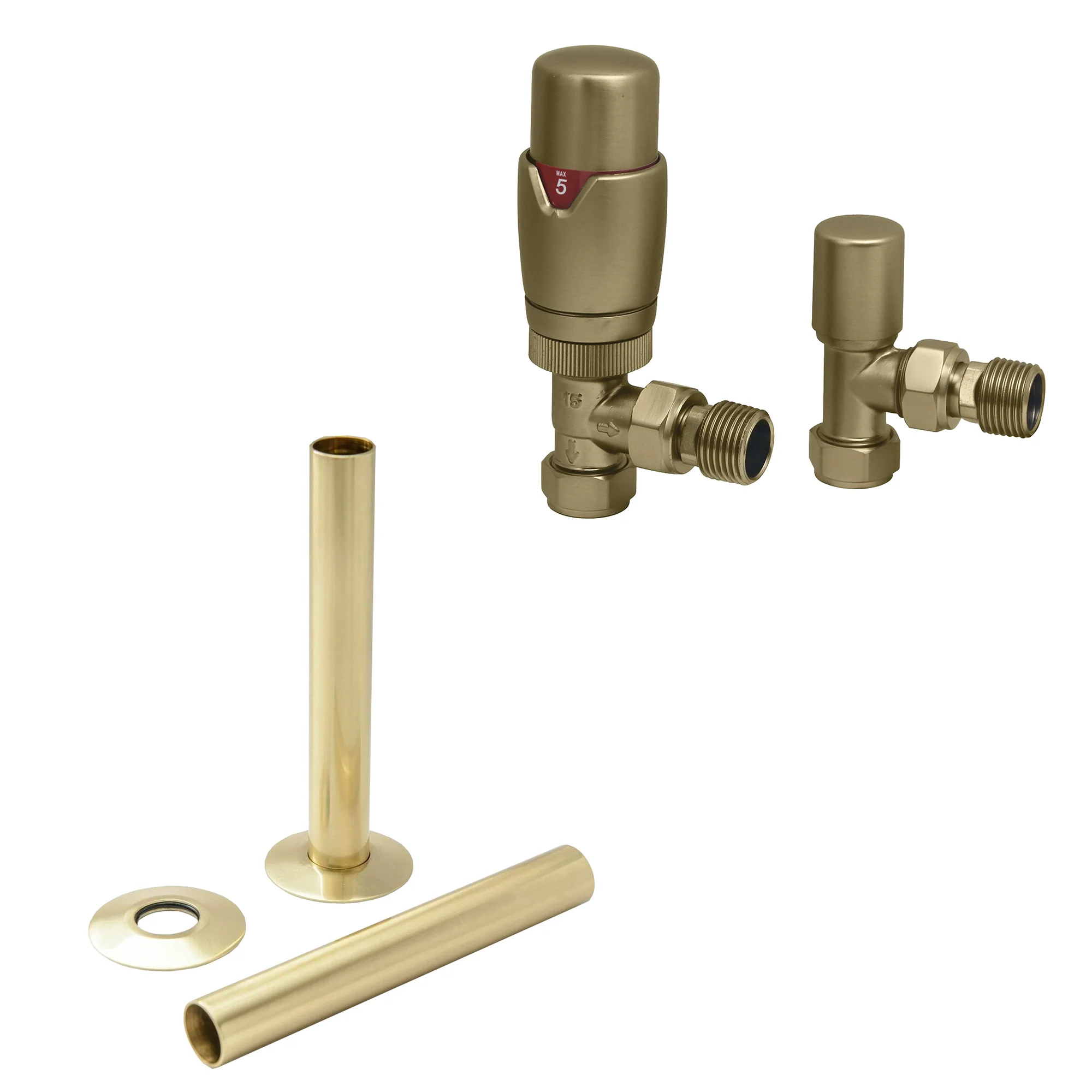 Brushed Brass Thermostatic Radiator Round Valves with 130mm Pipe Sleeves - Angled