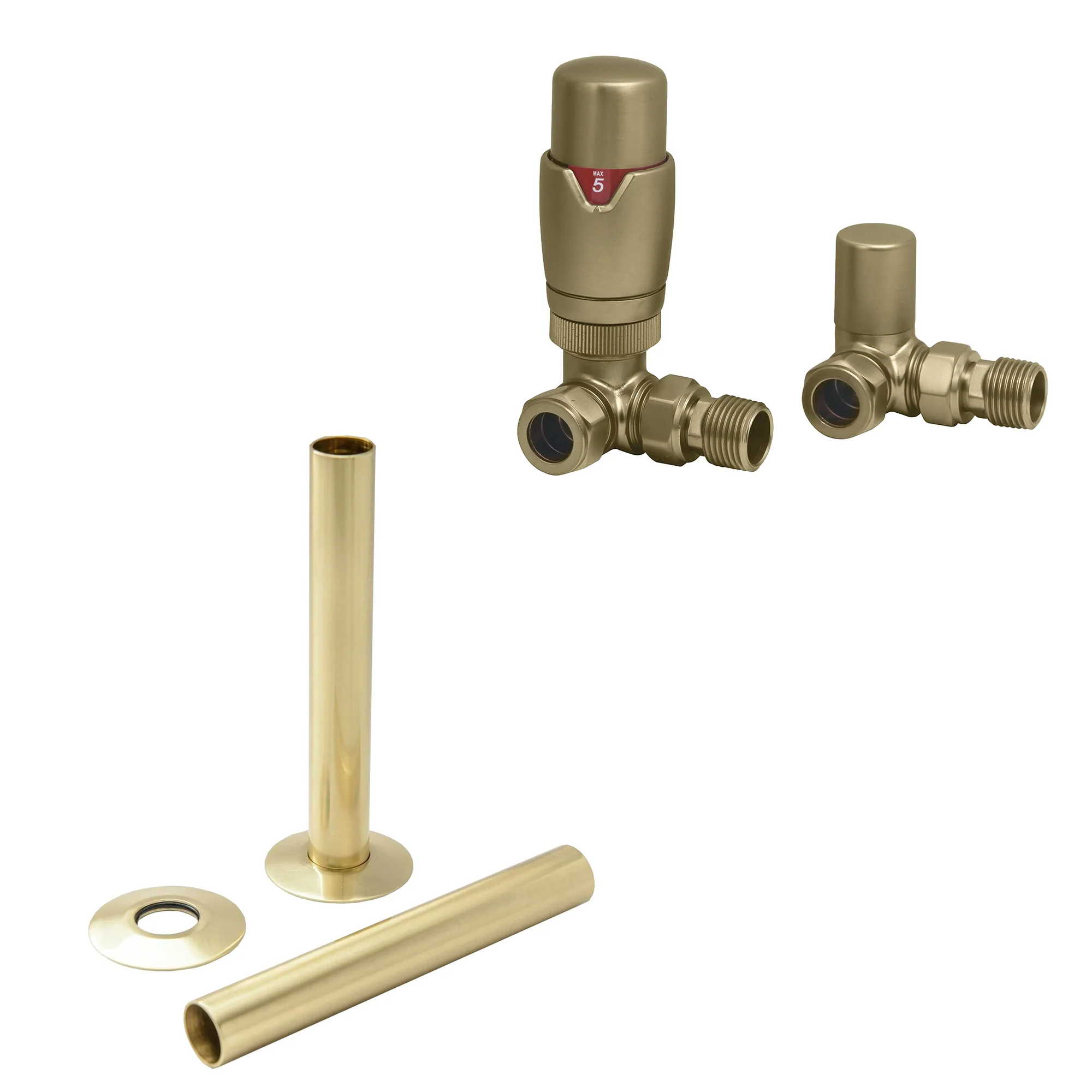 Brushed Brass Thermostatic Radiator Round Valves with 130mm Pipe Sleeves - Corner
