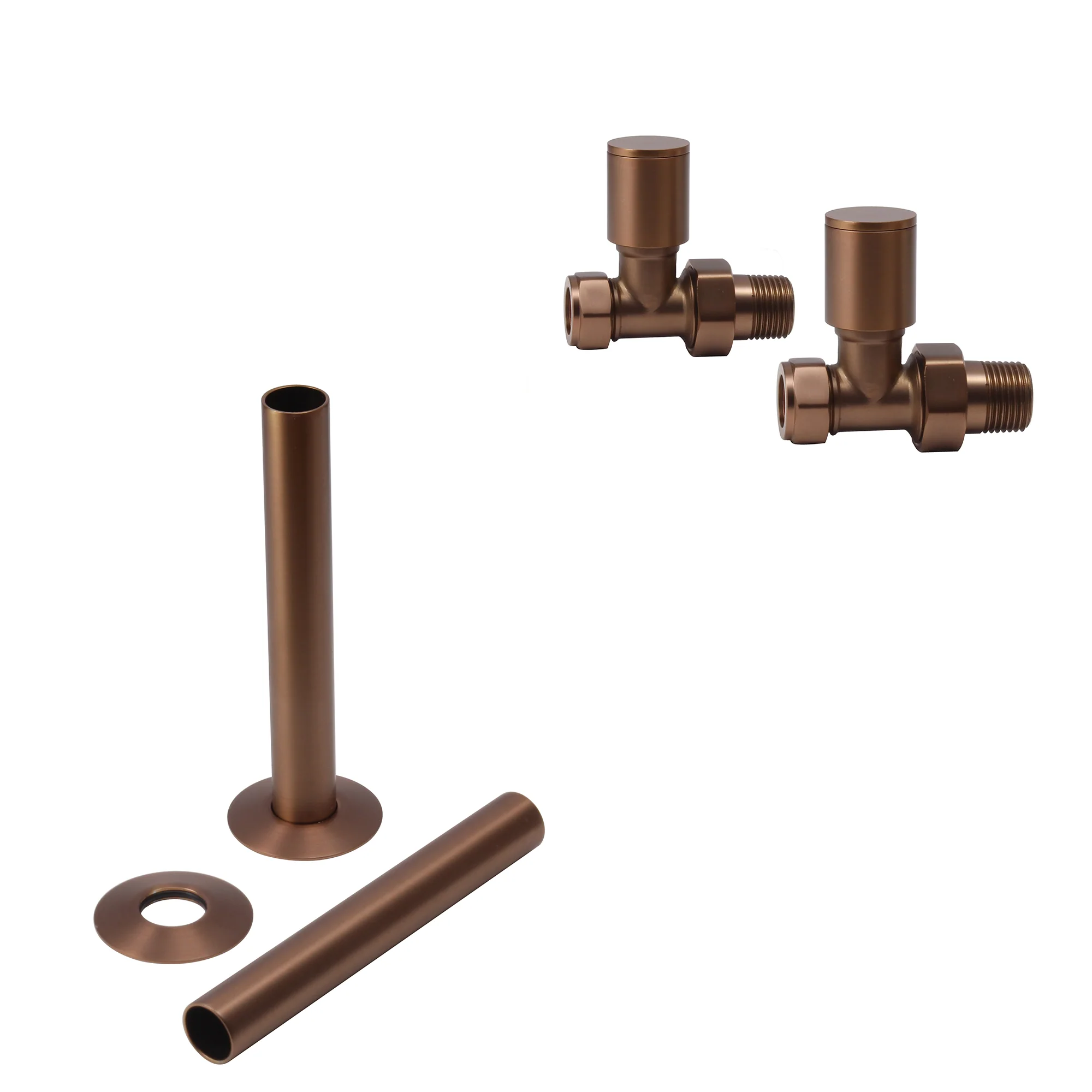Brushed Bronze Thermostatic Radiator Round Valves with 130mm Pipe Sleeves - Angled