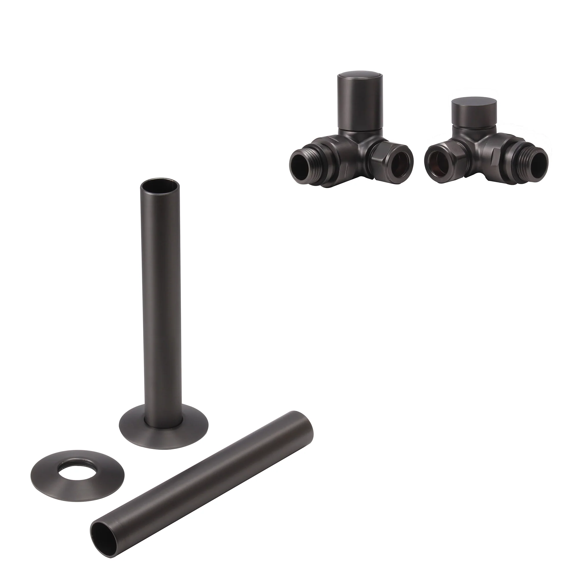 Brushed Gunmetal Manual Radiator Round Valves with 130mm Pipe Sleeves - Corner