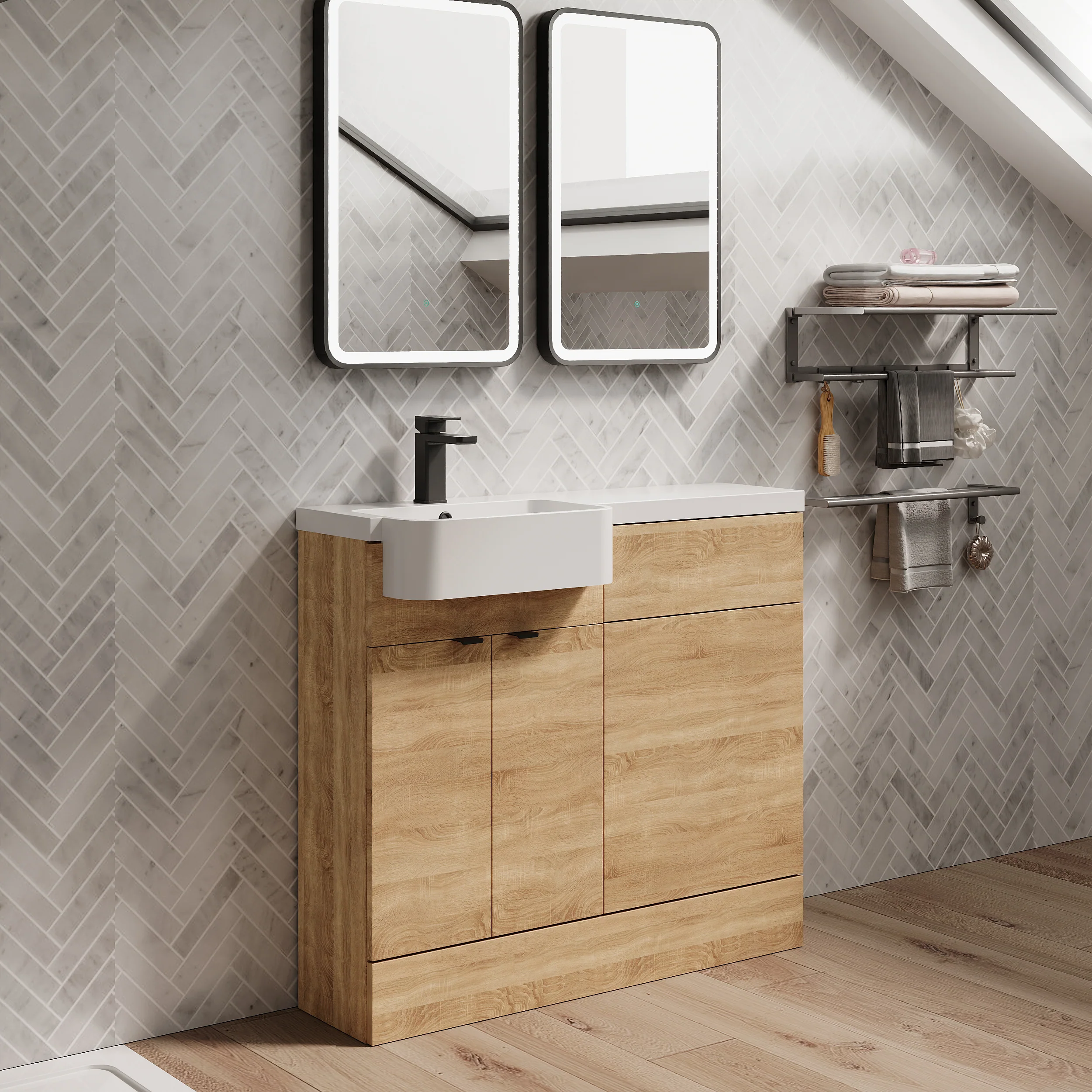 Calver 1000mm Combination Unit & Semi Recessed Round Basin - Bleached Oak - Image 8