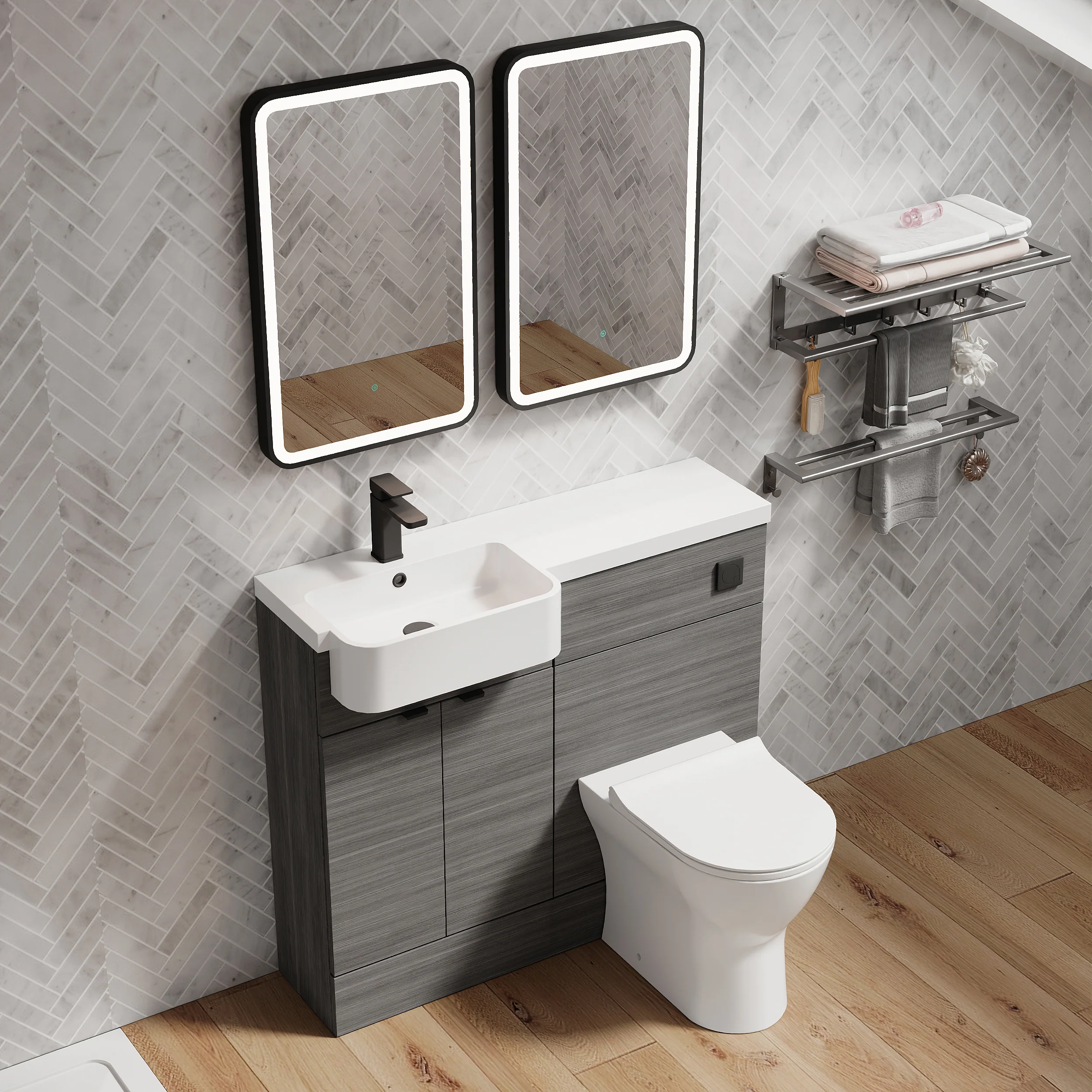 Calver 1000mm Anthracite Woodgrain Vanity WC Unit & Black Rectangle Shower Enclosure Bathroom Suite - Image 3