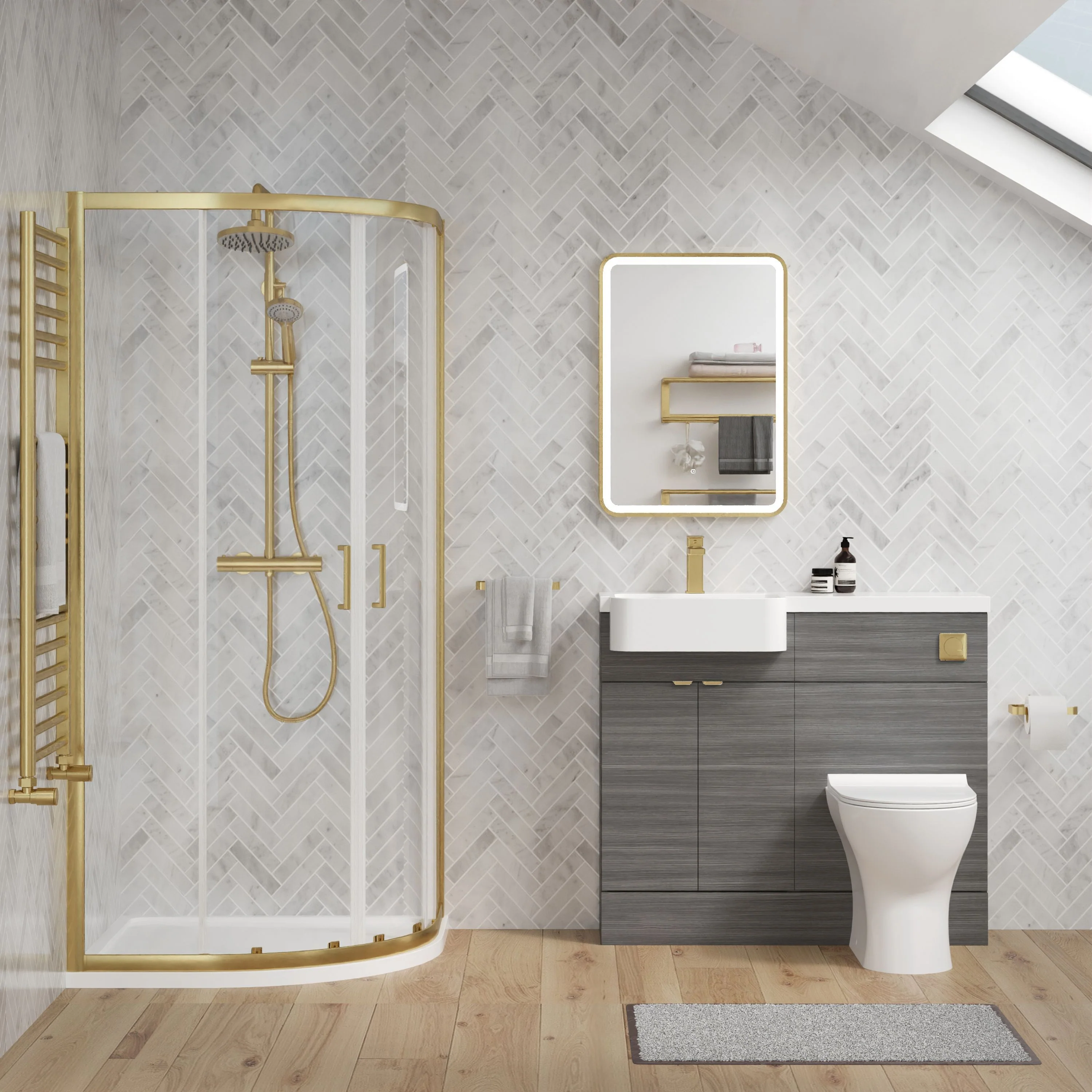 Calver 1000mm Anthracite Woodgrain Vanity WC Unit & Brushed Brass Offset Quadrant Shower Enclosure Bathroom Suite - Image 2