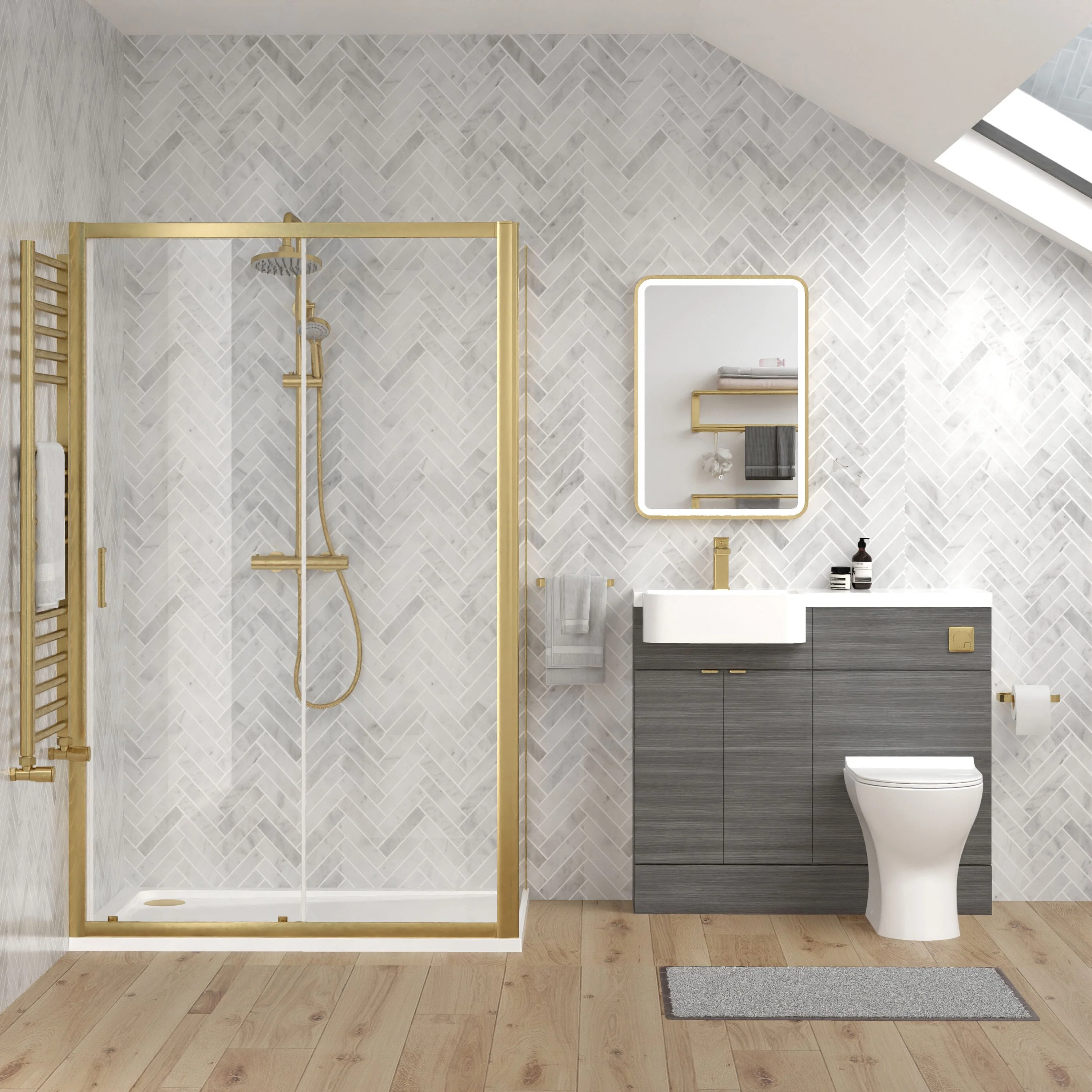 Calver 1100mm Anthracite Woodgrain Vanity WC Unit & Brushed Brass Rectangle Shower Enclosure Bathroom Suite