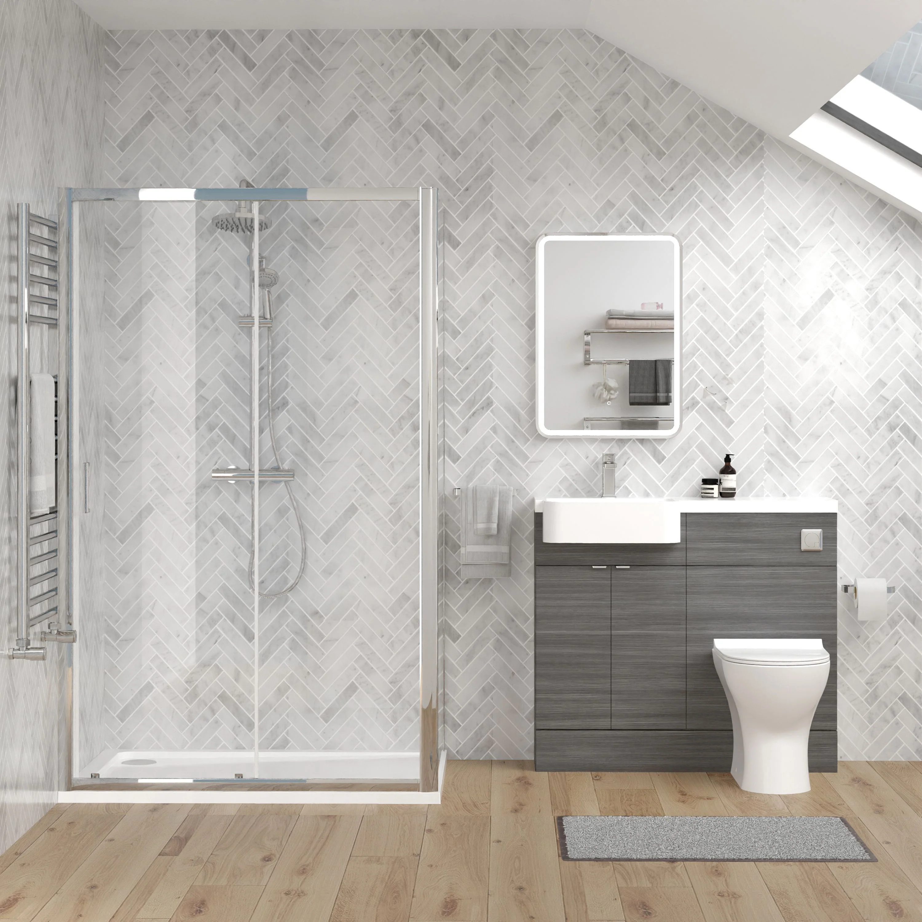 Calver 1100mm Anthracite Woodgrain Vanity WC Unit & Chrome Rectangle Shower Enclosure Bathroom Suite