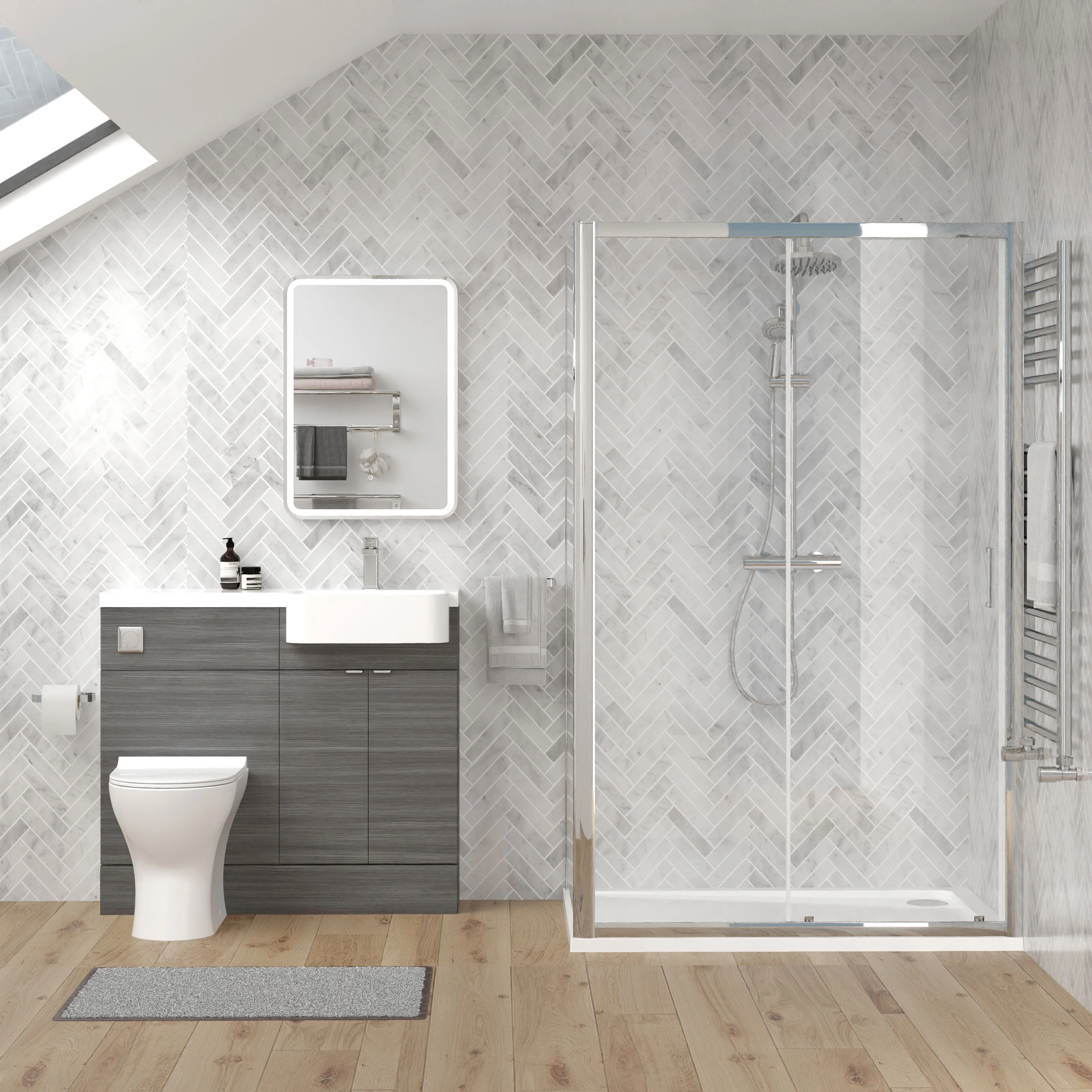 Calver 1100mm Anthracite Woodgrain Vanity WC Unit & Chrome Rectangle Shower Enclosure Bathroom Suite - Image 2