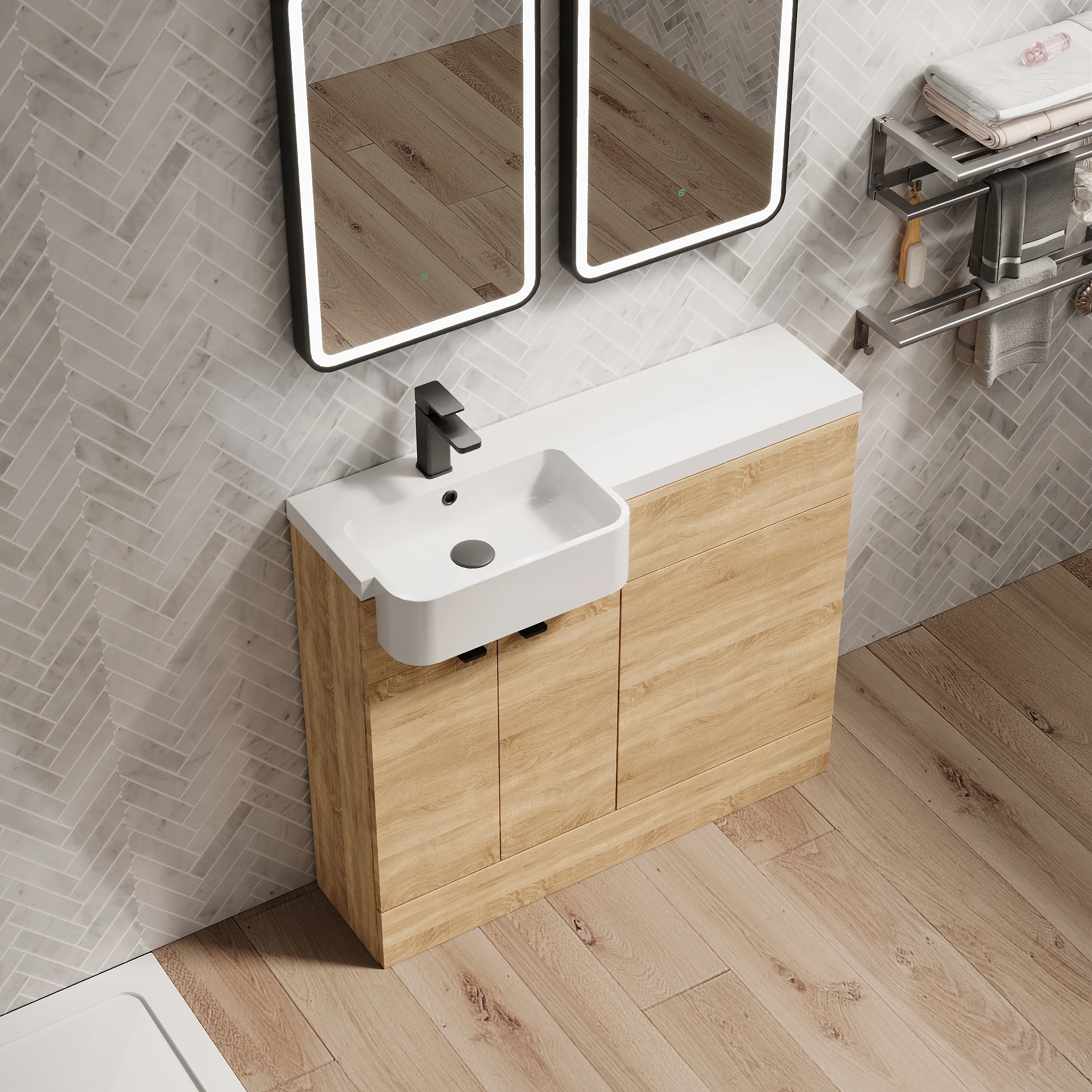 Calver 1100mm Combination Unit & Semi Recessed Round Basin - Bleached Oak - Image 5