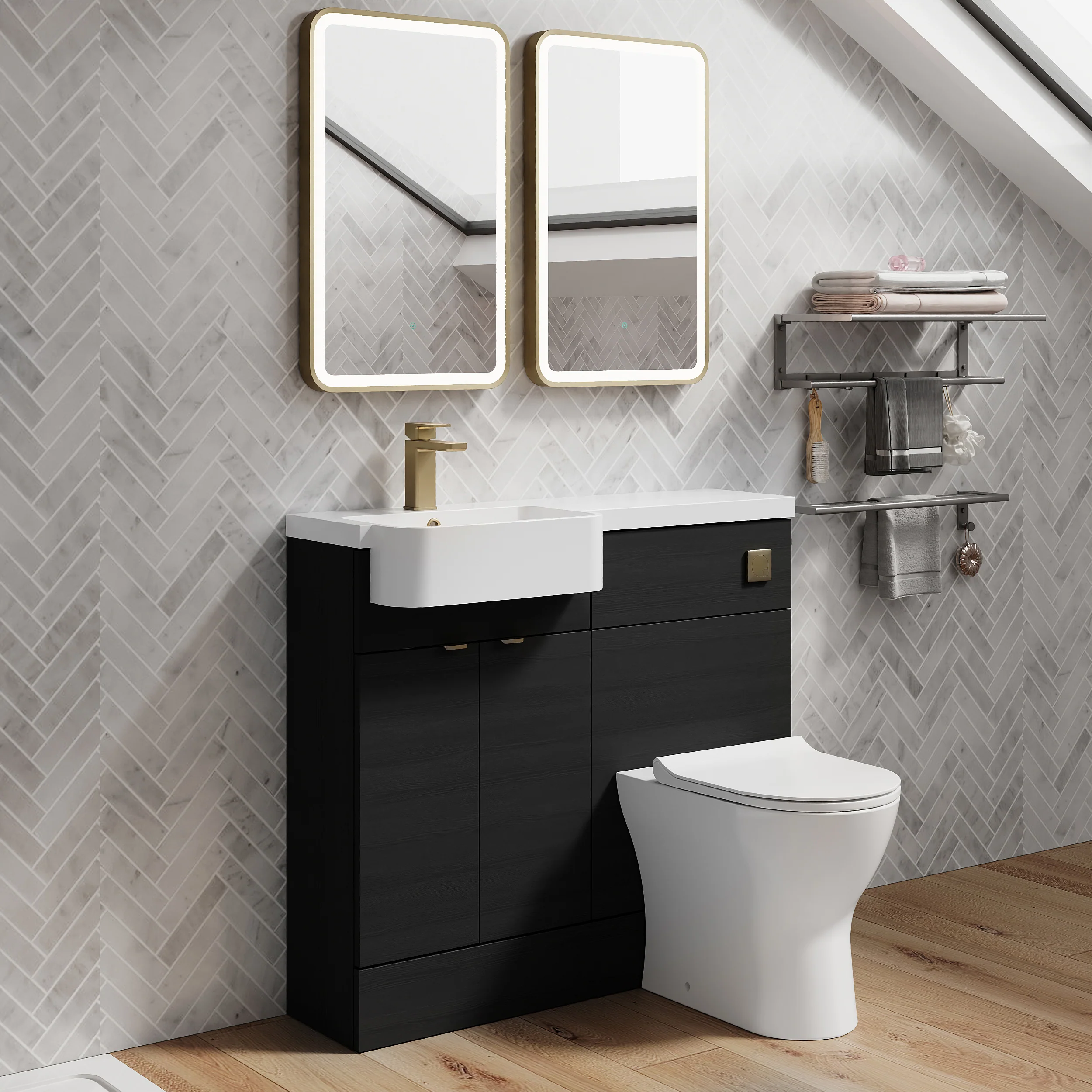 Calver 1000mm Charcoal Black Vanity WC Unit & Brushed Brass Quadrant Shower Enclosure Bathroom Suite - Image 4