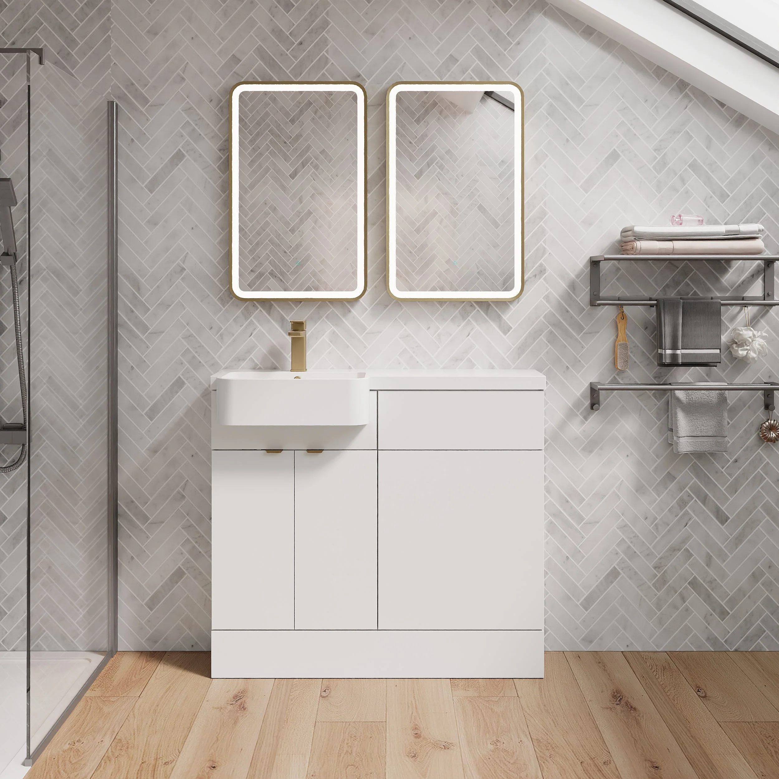 Calver 1000mm Gloss White Vanity WC Unit & Brushed Brass Offset Quadrant Shower Enclosure Bathroom Suite - Image 4