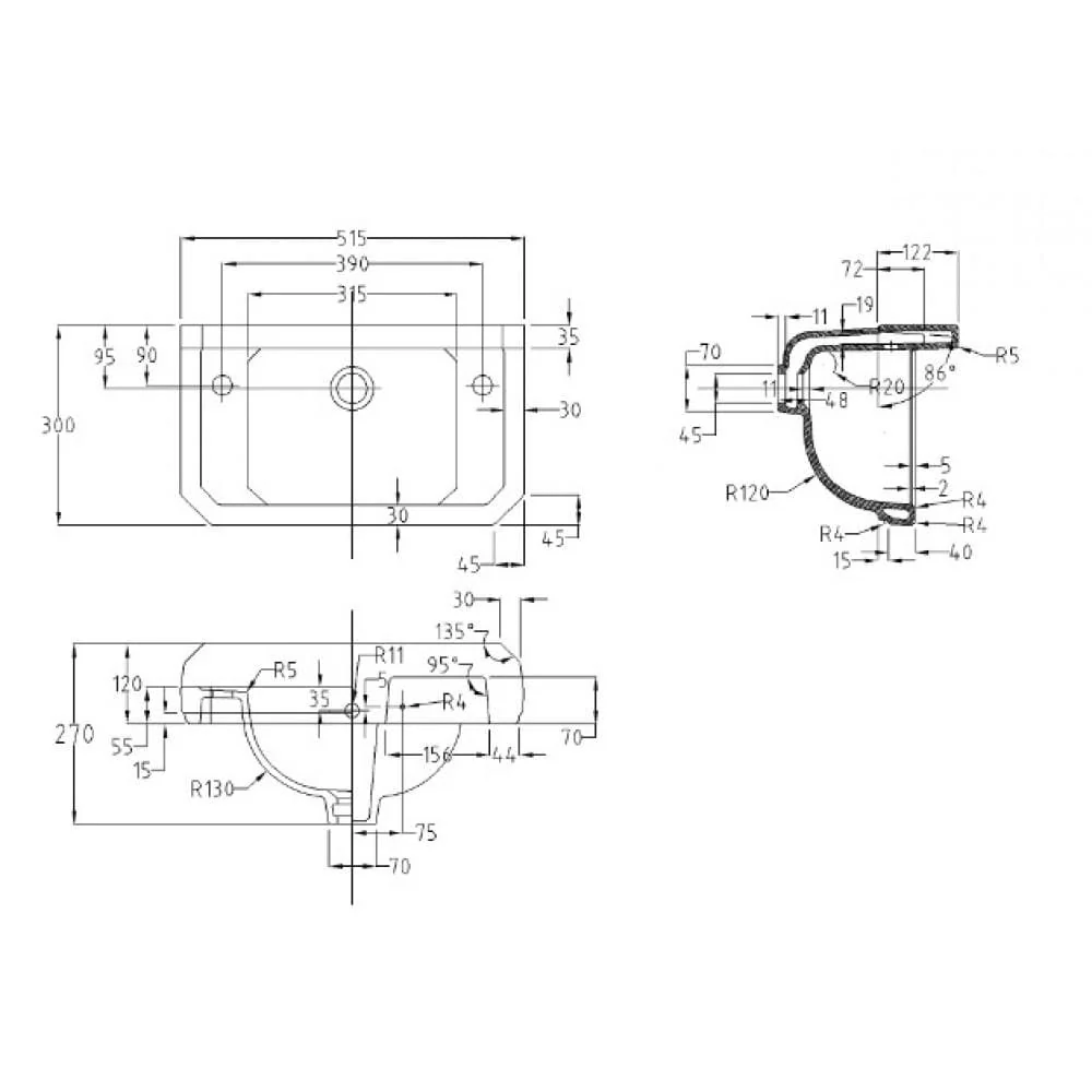 Carlton 515mm Traditional 2 Tap Hole Basin - Image 3