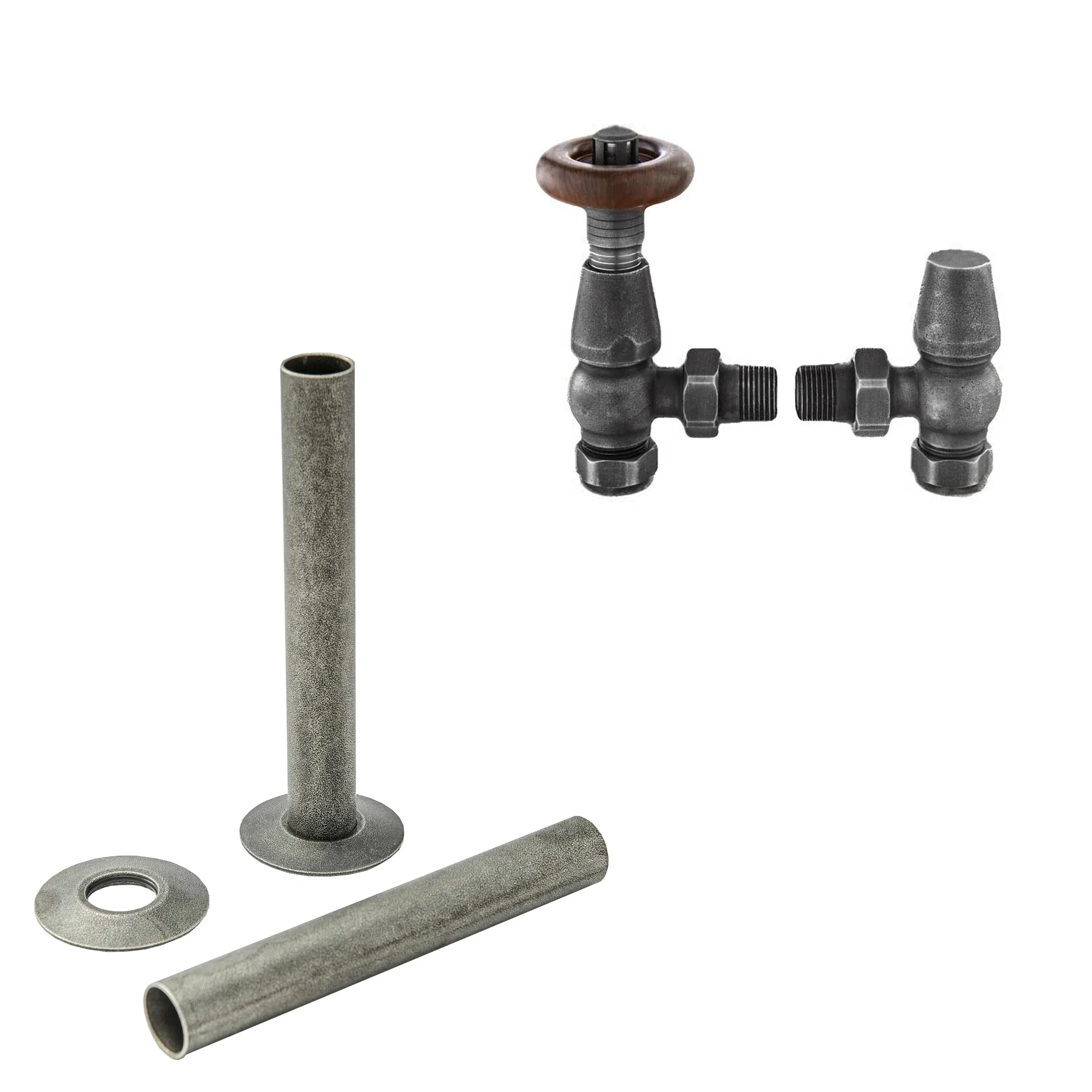 Chelsea Pewter Thermostatic Radiator Round Valves with 130mm Pipe Sleeves - Angled
