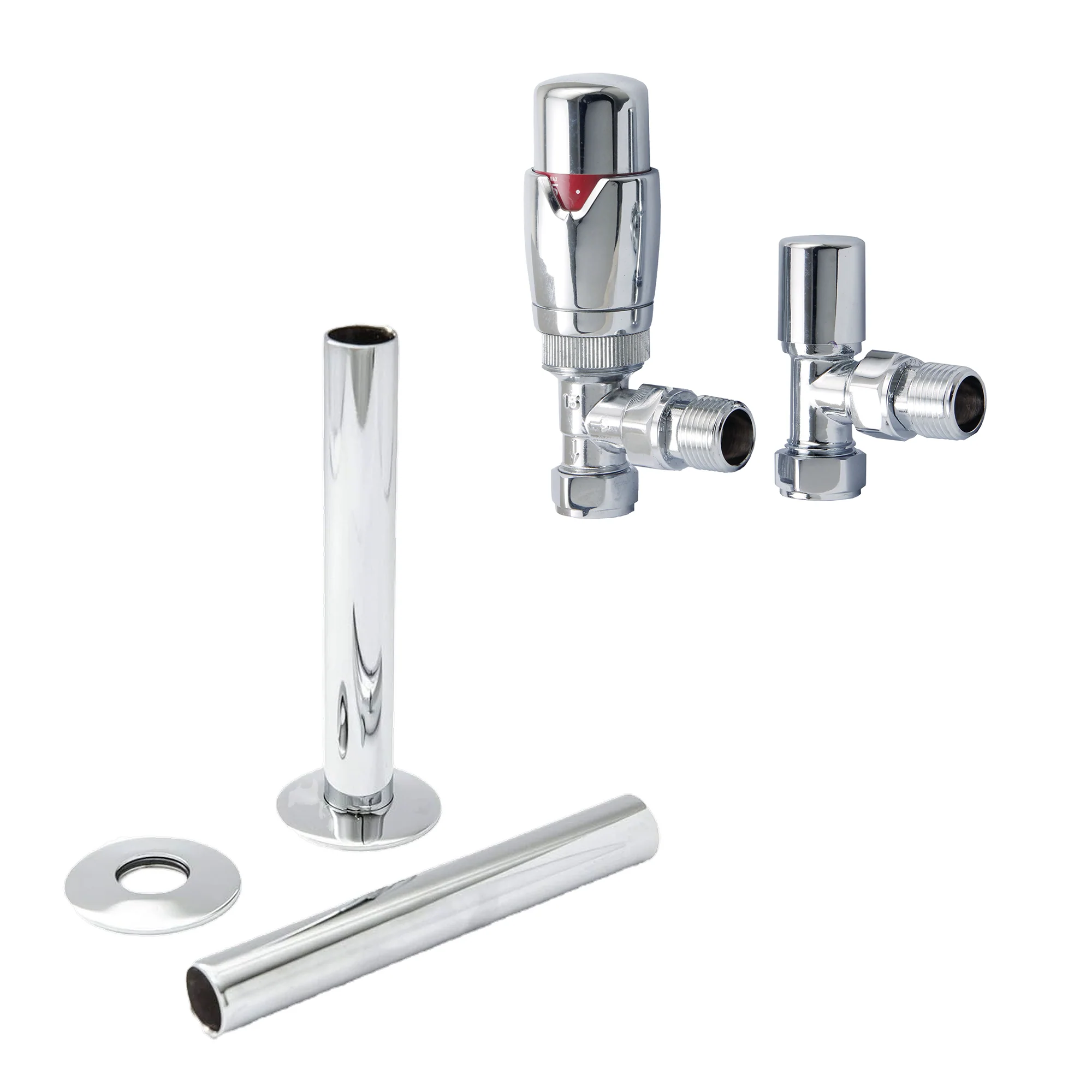 Chrome Thermostatic Radiator Round Valves with 130mm Pipe Sleeves - Angled