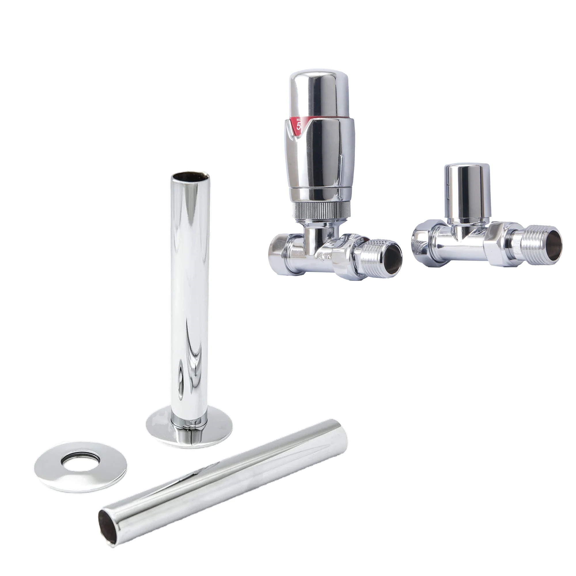 Chrome Thermostatic Radiator Round Valves with 130mm Pipe Sleeves - Straight