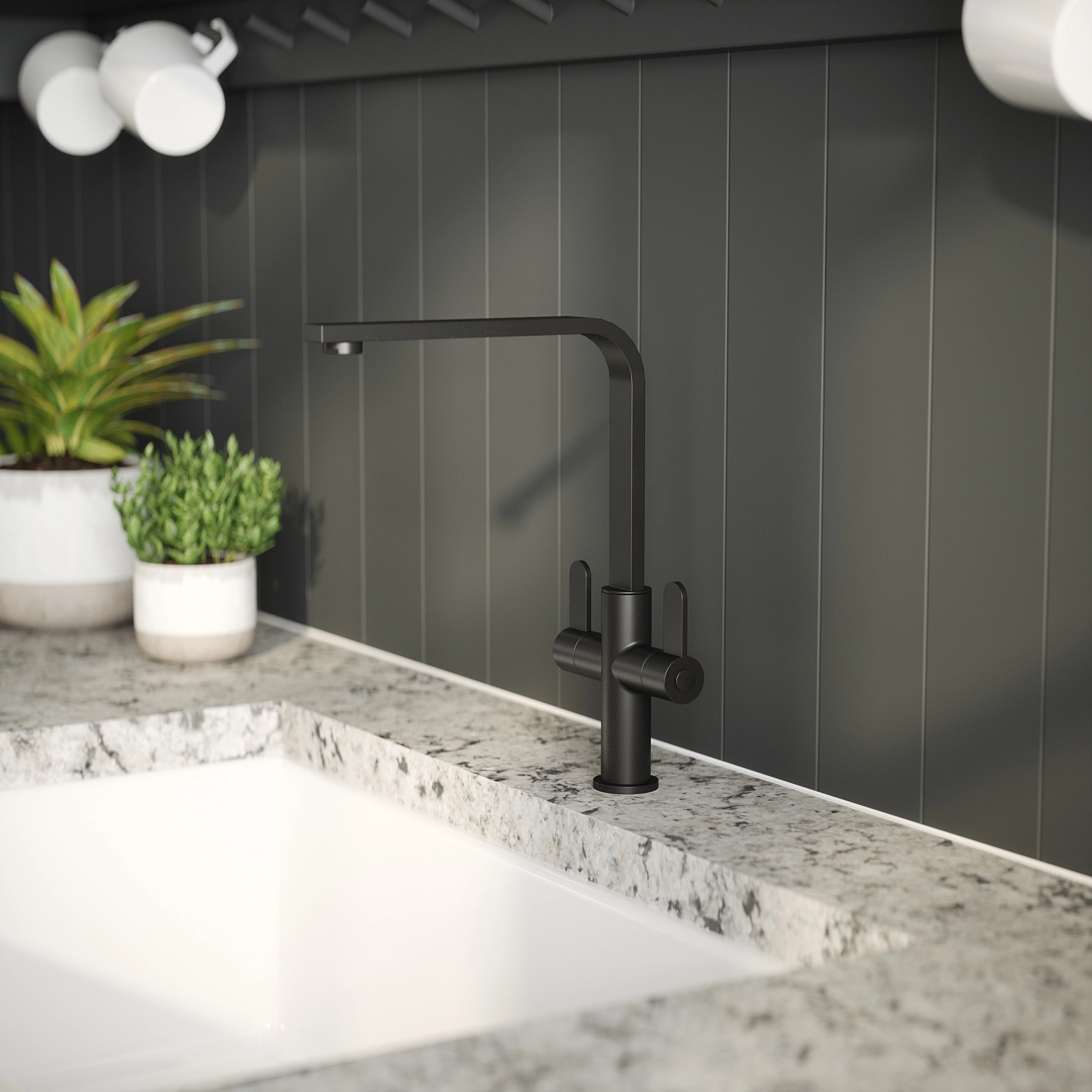 Churni Mono Dual Lever Kitchen Tap - Matt Black - Image 3