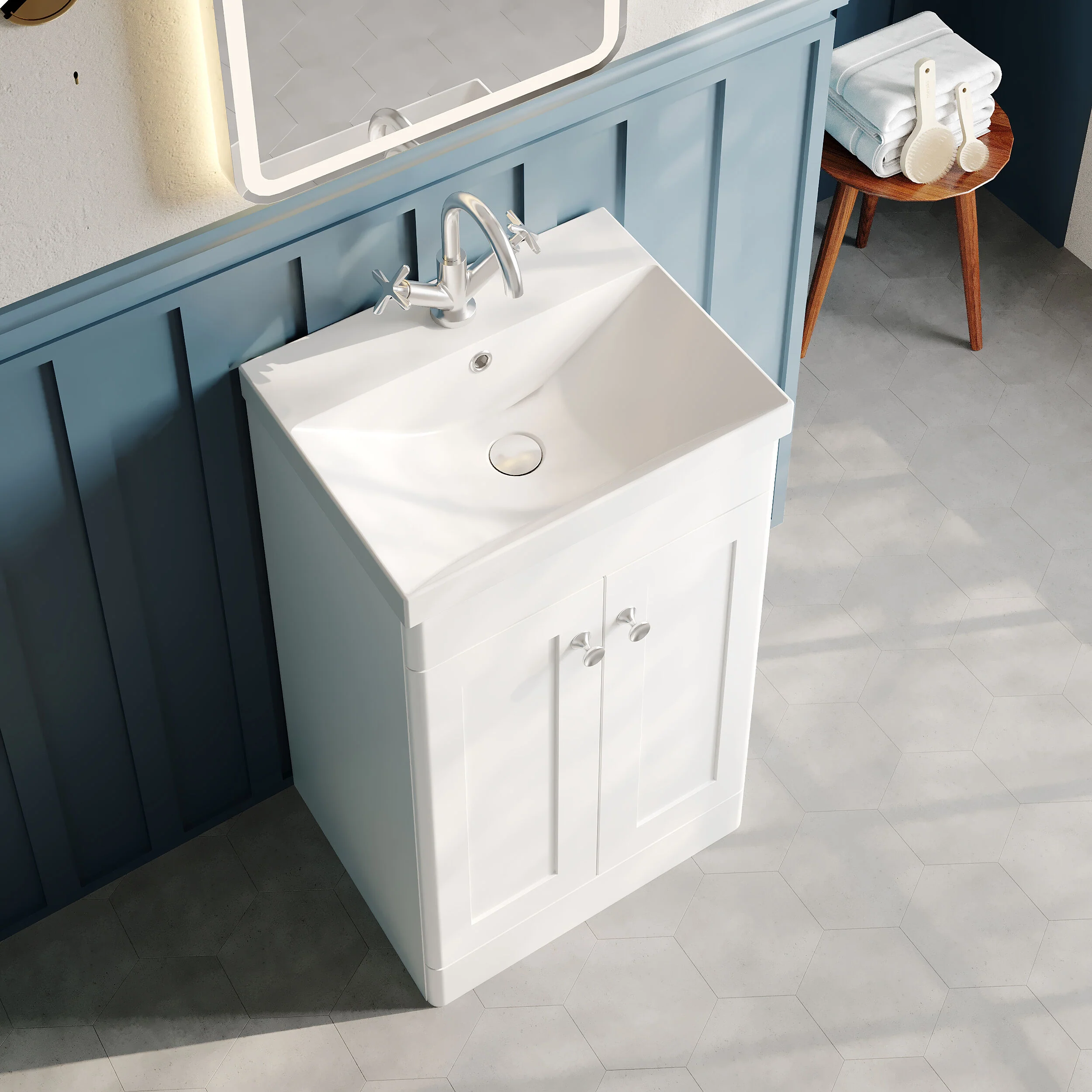 Classique 500mm Floor Standing 2-Door Unit & Basin 3 - Satin White - Image 5