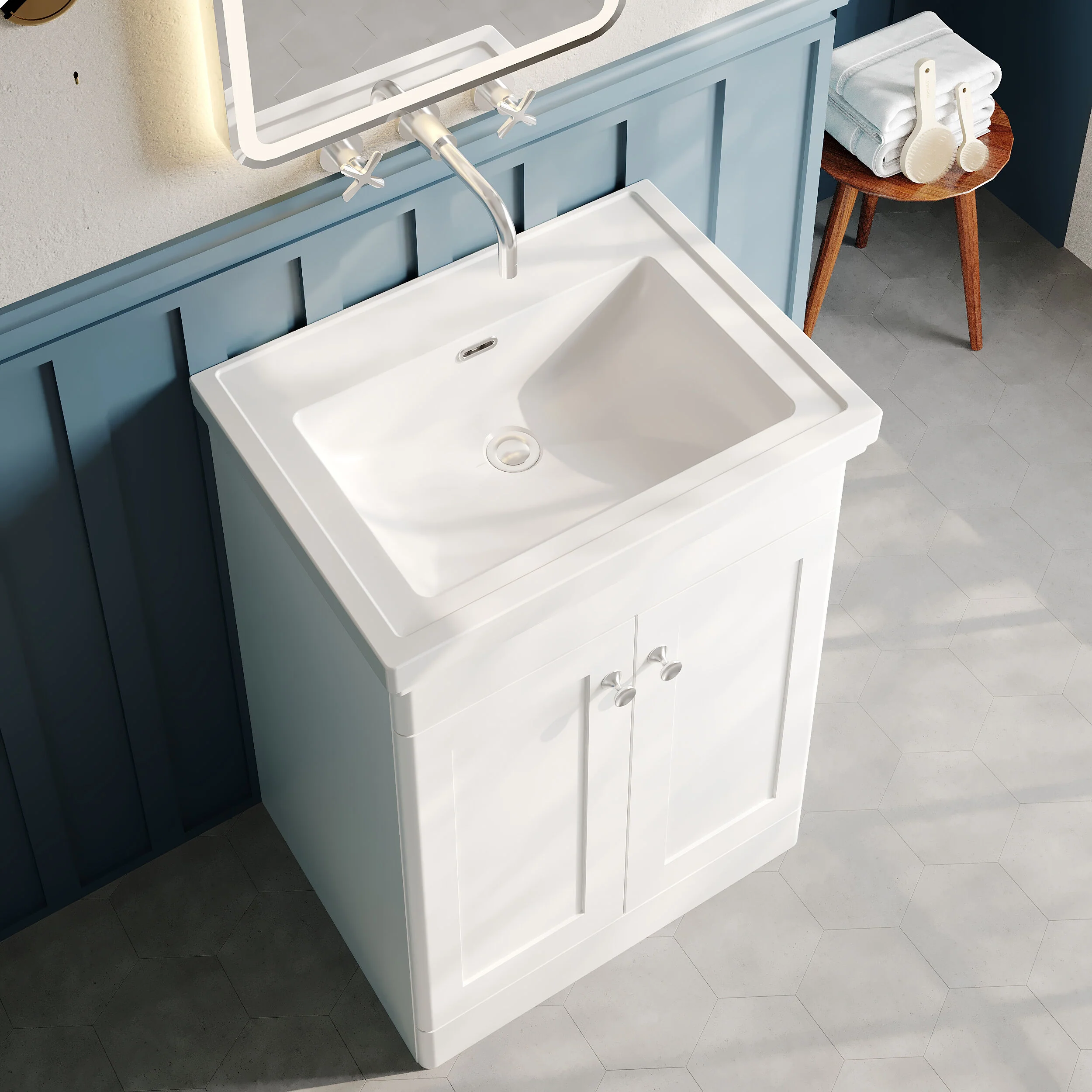 Classique 600mm Floor Standing 2-Door Unit & Basin 0TH - Satin White - Image 5