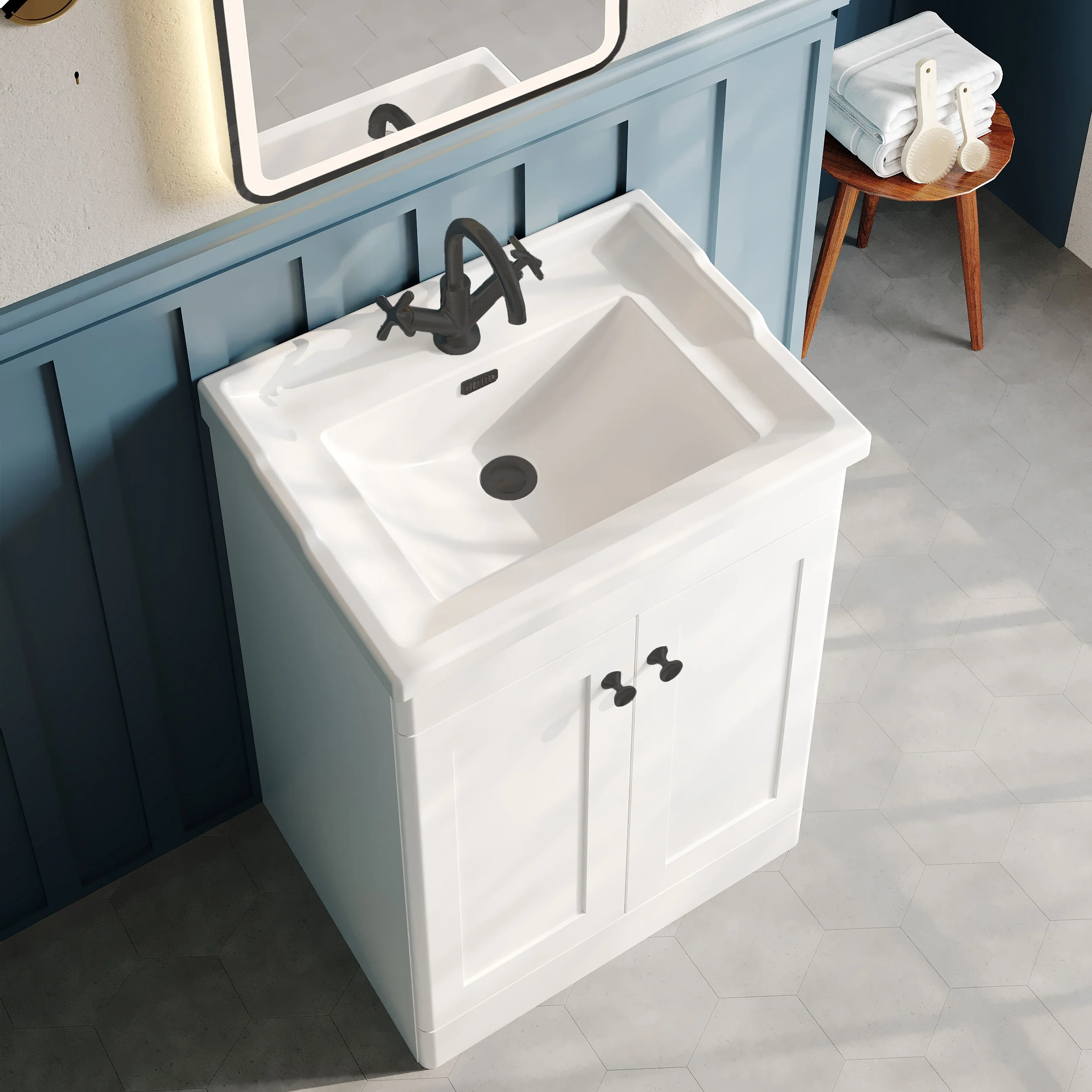Classique 600mm Floor Standing 2-Door Unit & Edwardian Basin 1TH - Satin White