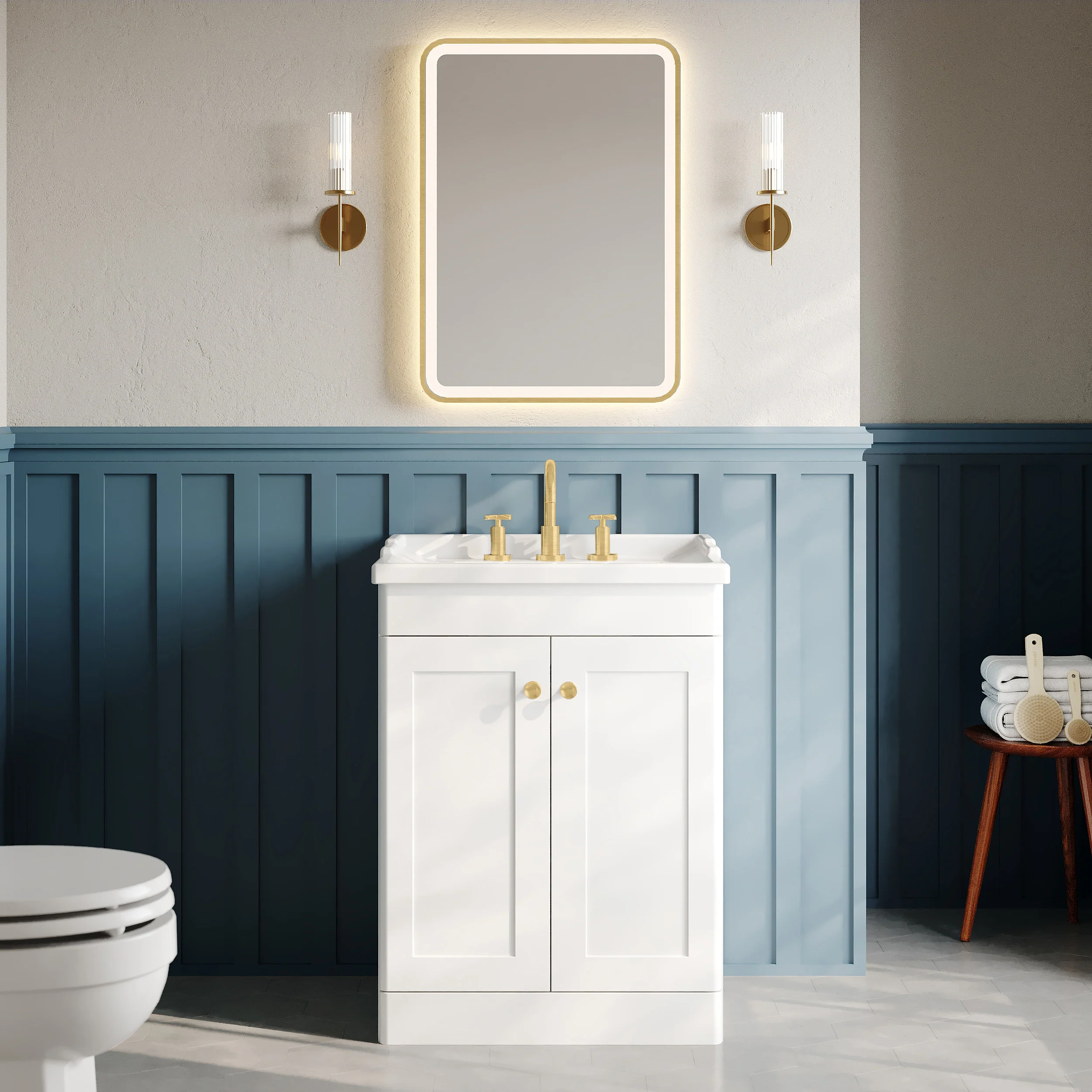 Classique 600mm Floor Standing 2-Door Unit & Edwardian Basin 3TH - Satin White - Image 6