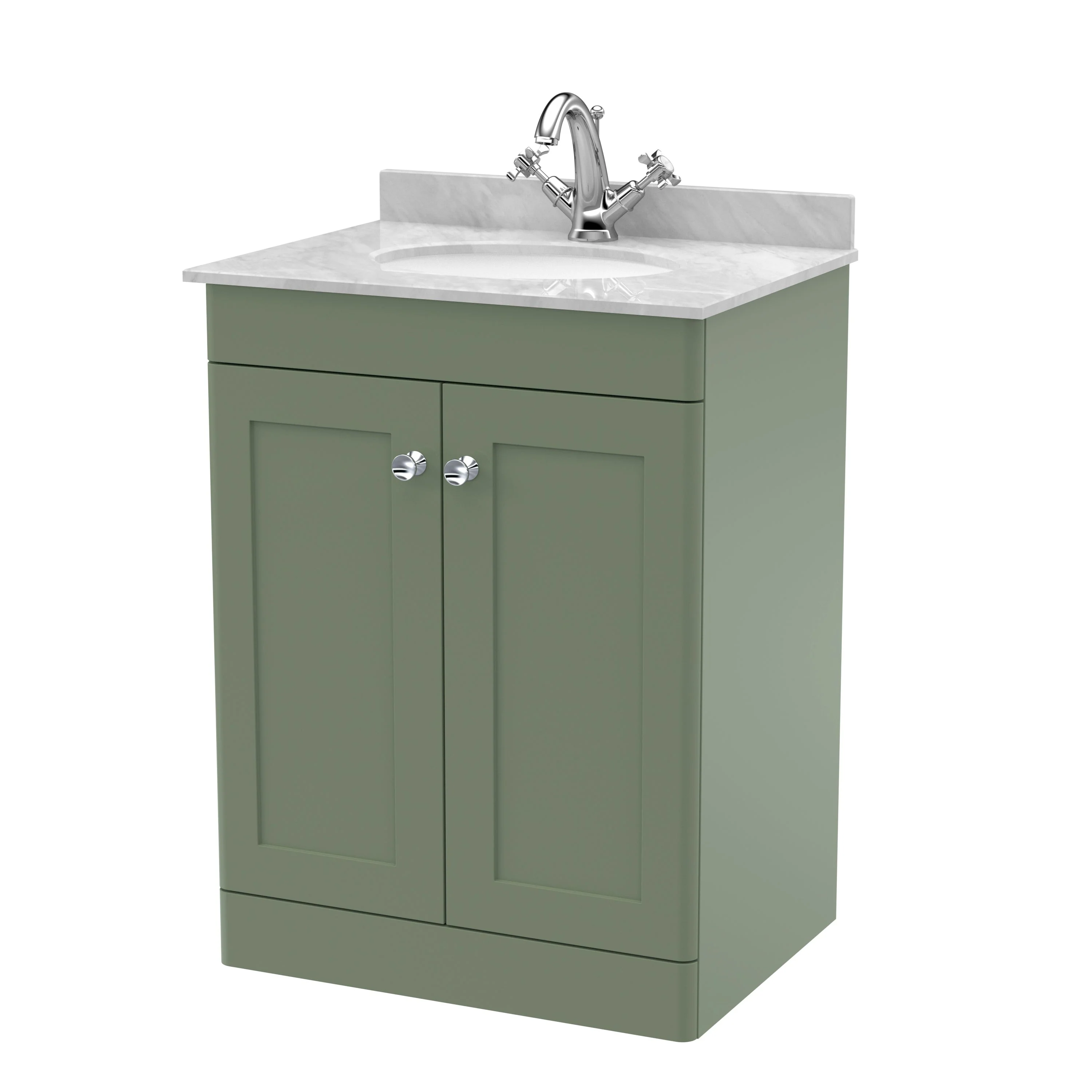Classique 600mm Floor Standing 2-Door Unit & Grey Marble Top 1TH - Satin Green