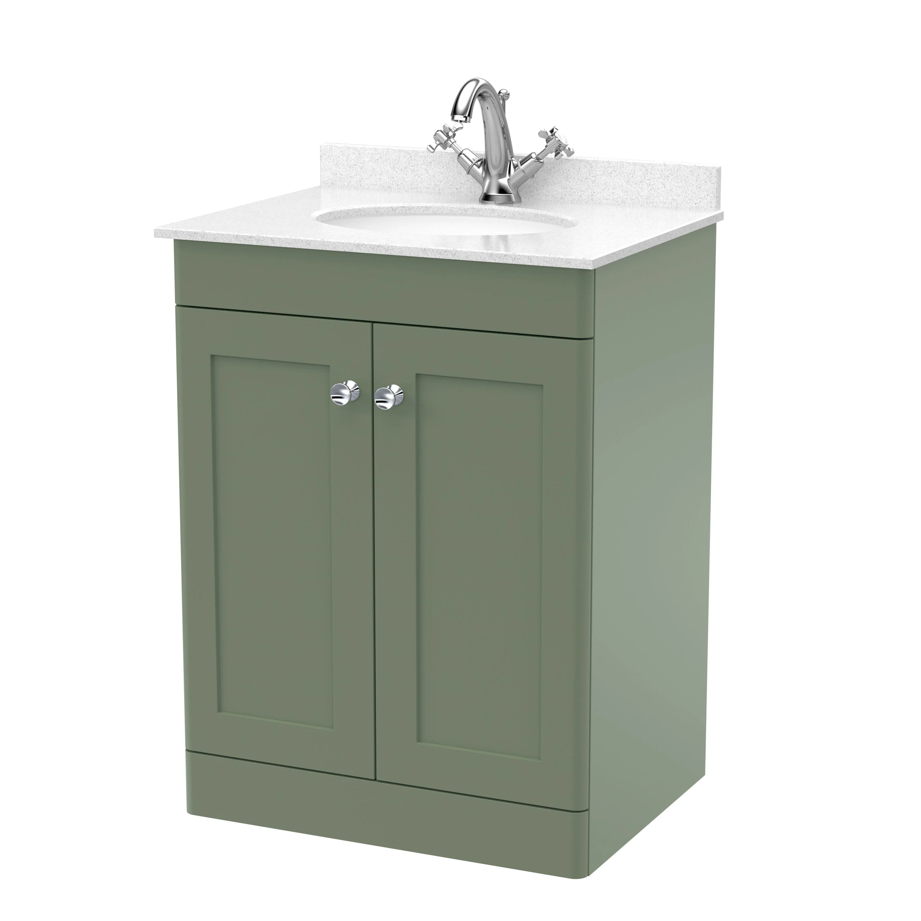 Classique 600mm Floor Standing 2-Door Unit & White Marble Top 1TH - Satin Green