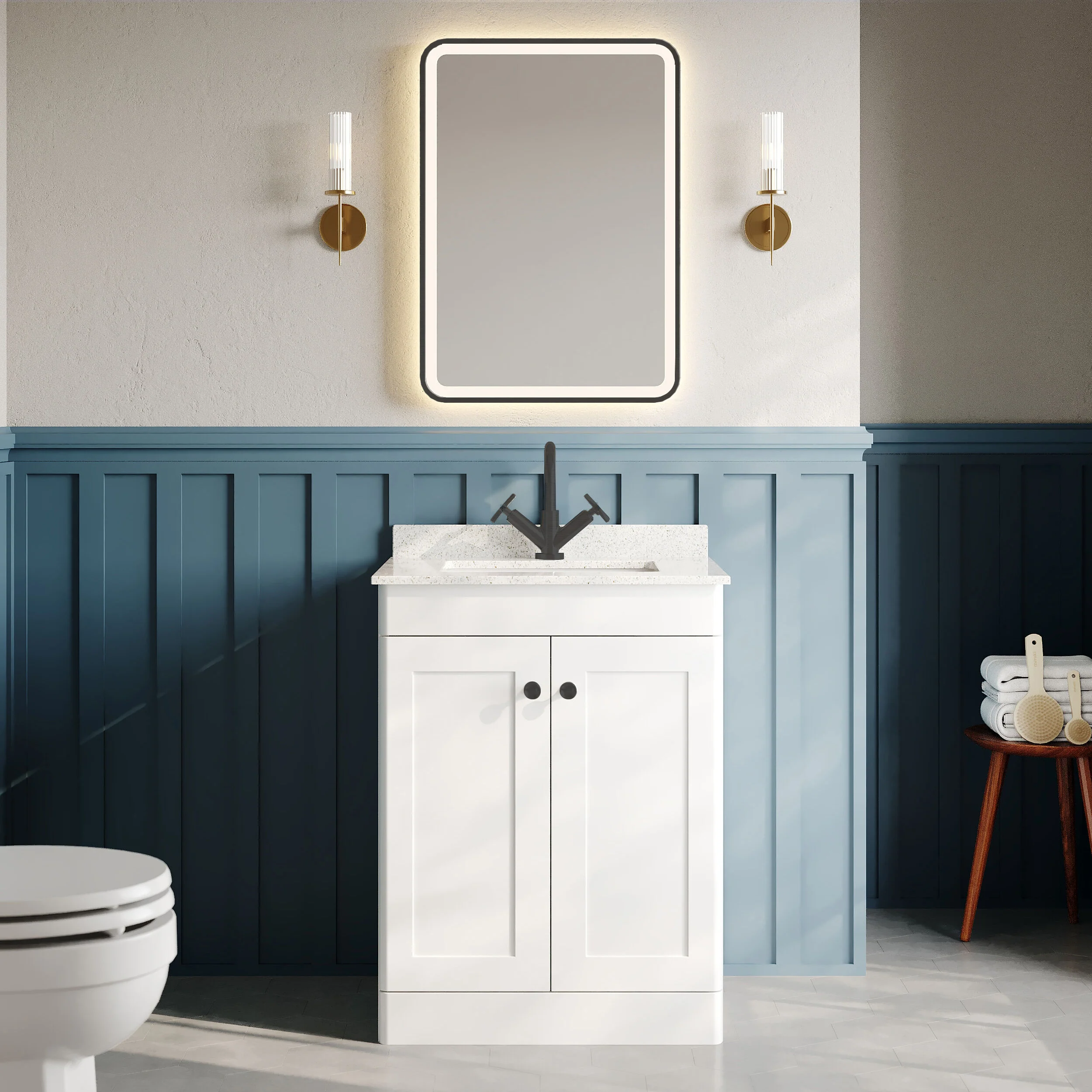 Classique 600mm Floor Standing 2-Door Unit & White Marble Top 1TH - Satin White (Square) - Image 4