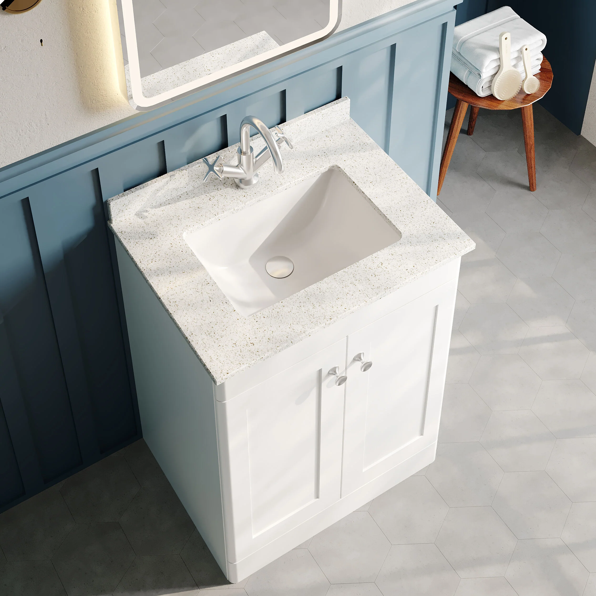 Classique 600mm Floor Standing 2-Door Unit & White Marble Top 1TH - Satin White (Square) - Image 5
