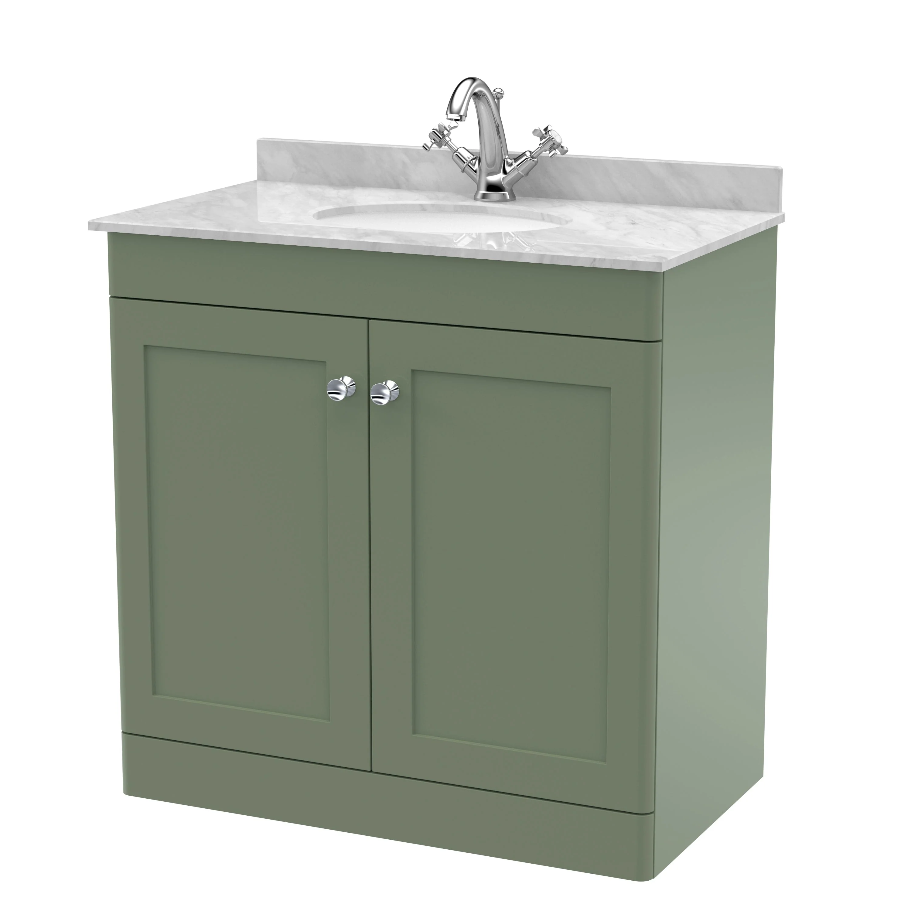 Classique 800mm Floor Standing 2-Door Unit & Grey Marble Top 1TH - Satin Green