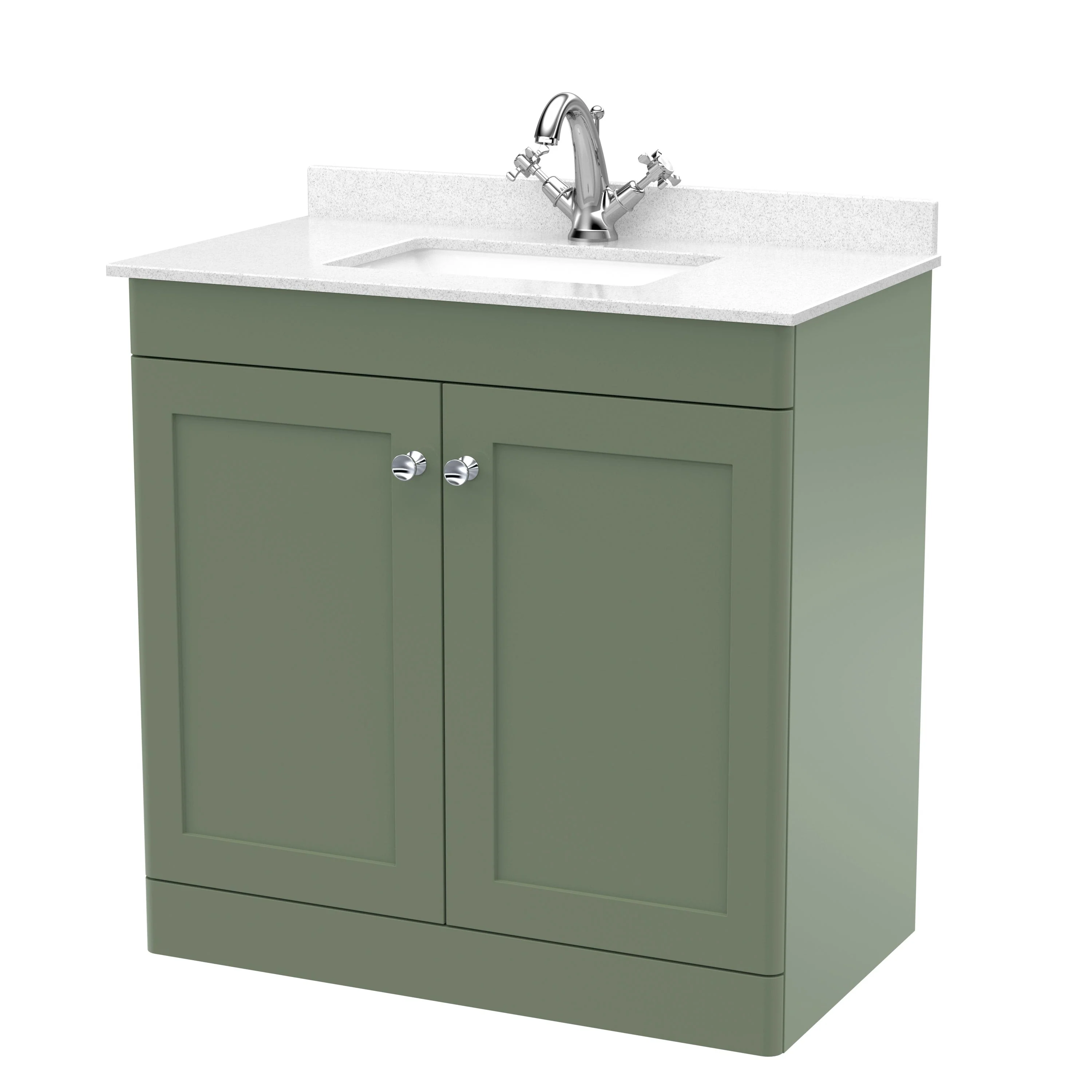 Classique 800mm Floor Standing 2-Door Unit & White Marble Top 1TH - Satin Green (Square)