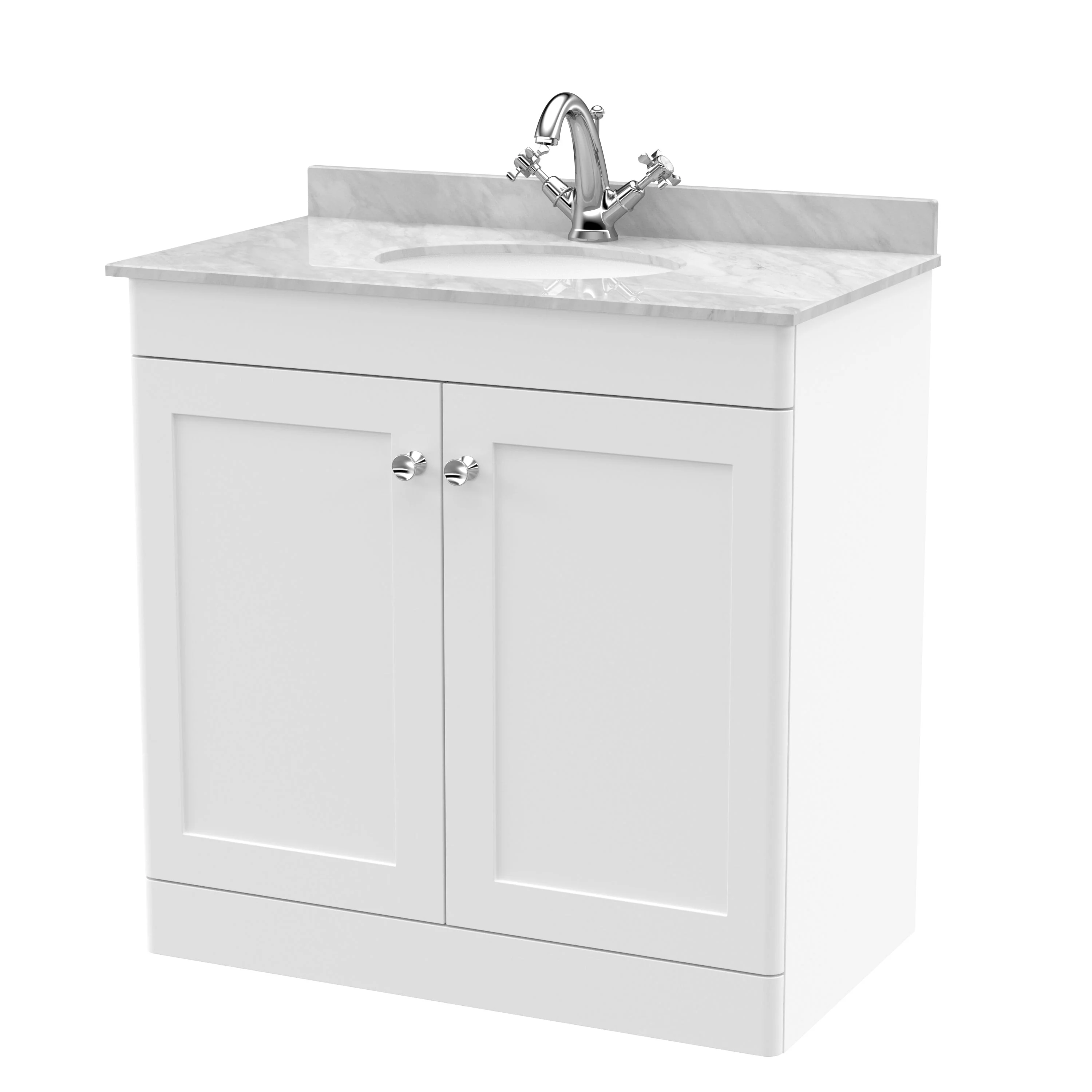 Classique 800mm Floor Standing 2-Door Unit & Grey Marble Top 1TH - Satin White - Image 8